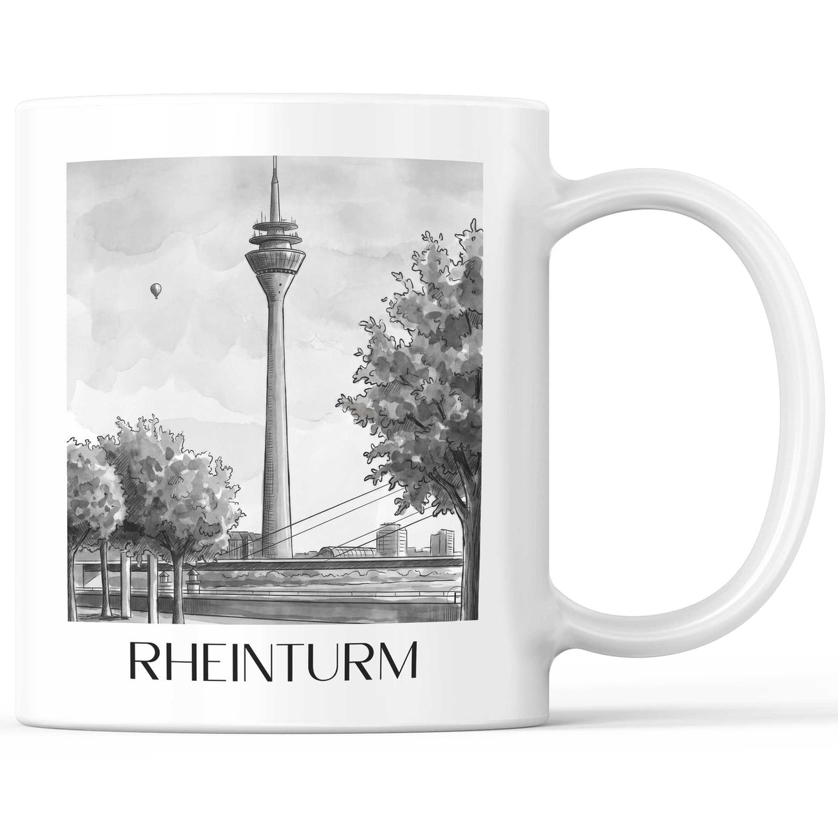 Rheinturm Kaffeebecher - Düsseldorf - Deutschland Becher - Kaffeetasse im Aquarell Schwarz-Weiß Stil - favplace