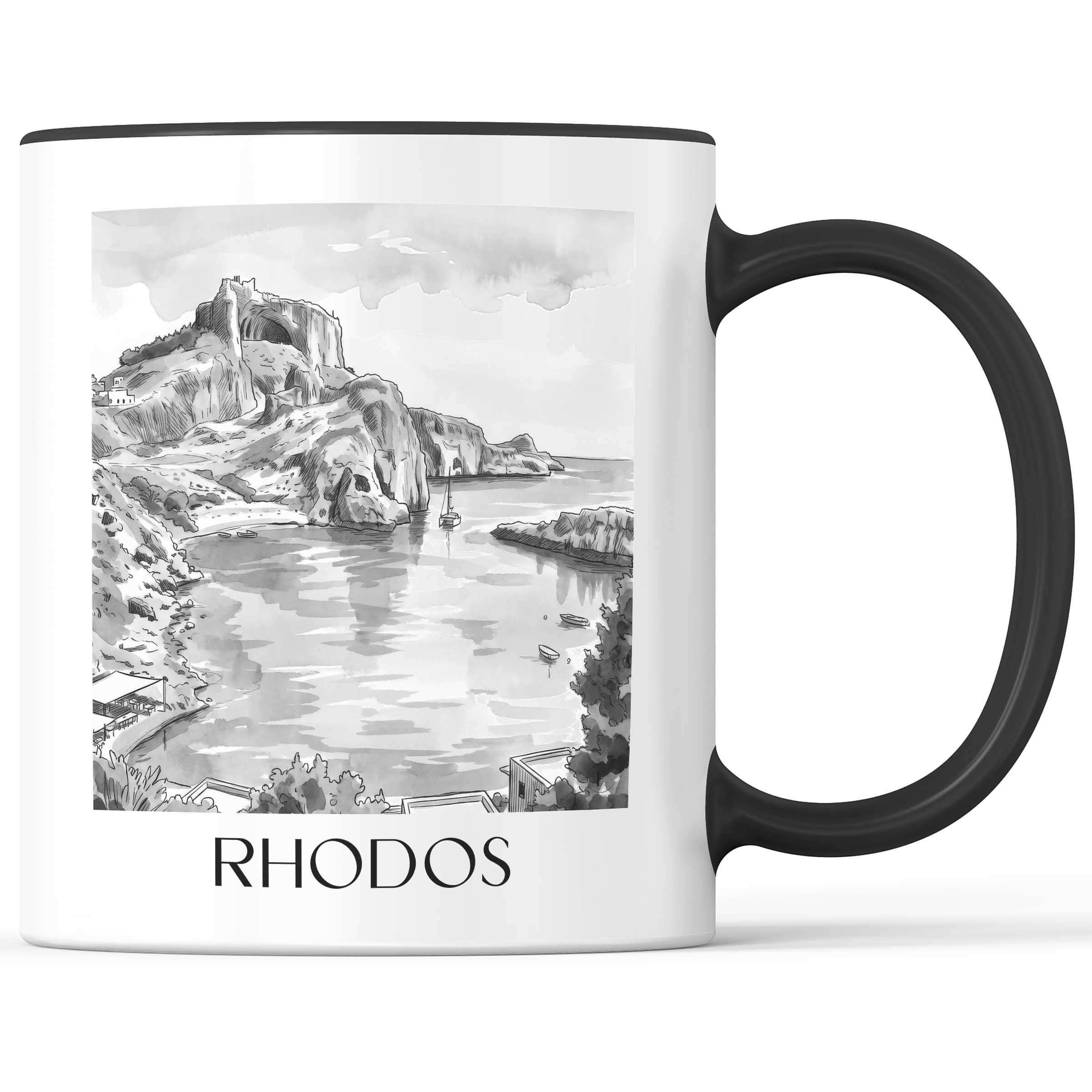 rhodos-griechenland-kaffeebecher-aquarell-schwarz-weiss