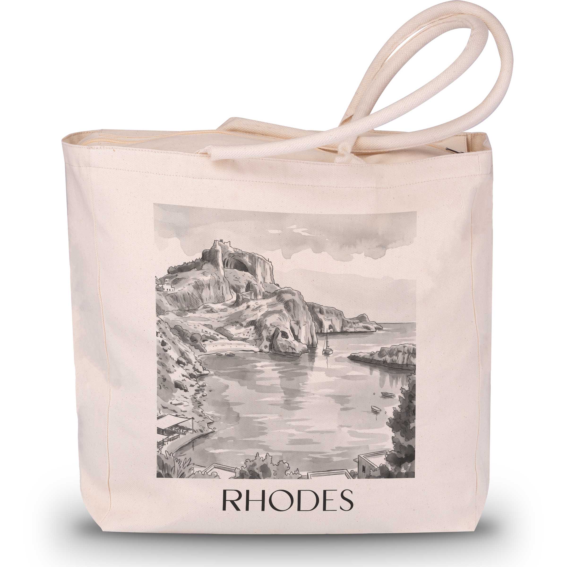 Rhodos - Griechenland Tote Bag - Einkaufstasche im Aquarell Schwarz-Weiß Stil - favplace