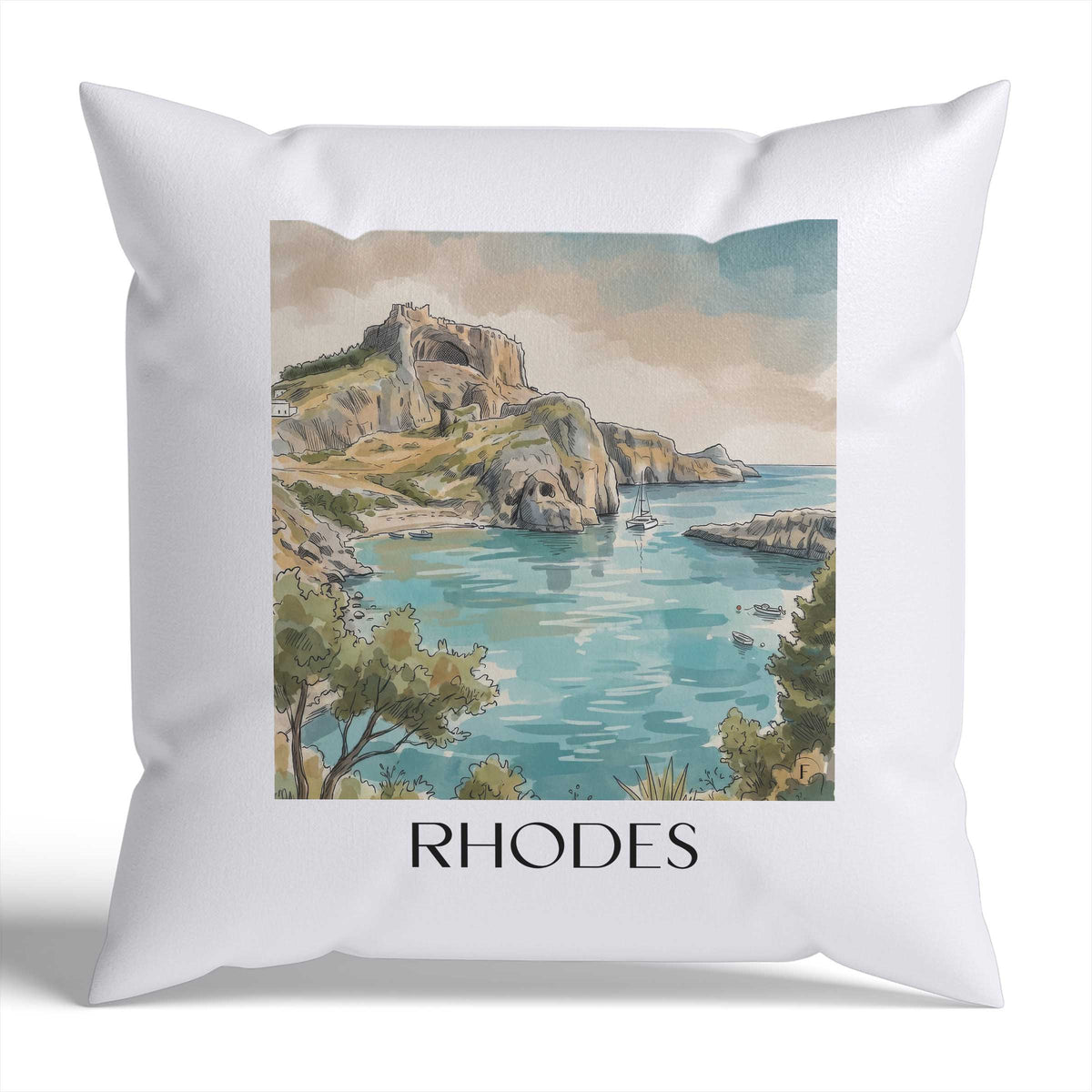 Rhodos Kissenhülle - Zierkissen Bezug - Griechenland - Griechenland Kissen bzw. Kissenbezug im Aquarell Stil - favplace