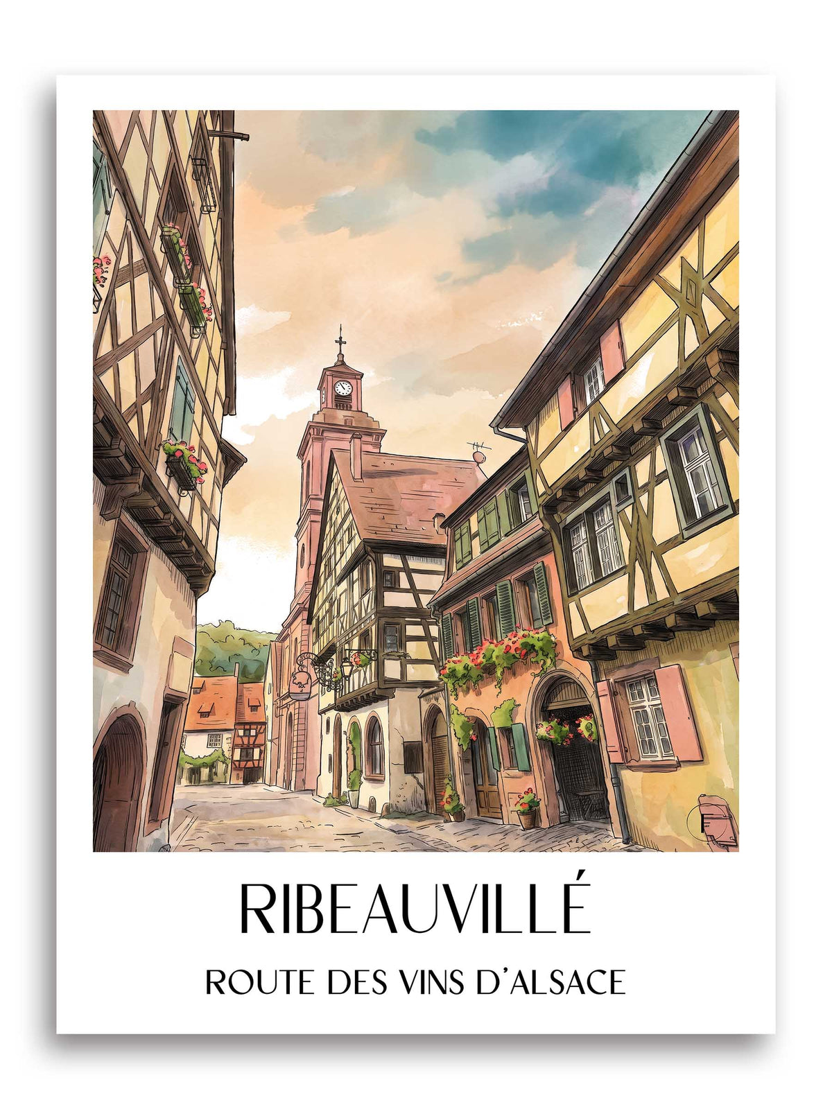 ribeauvillé-route-des-vins-d'alsace-frankreich-poster-aquarell