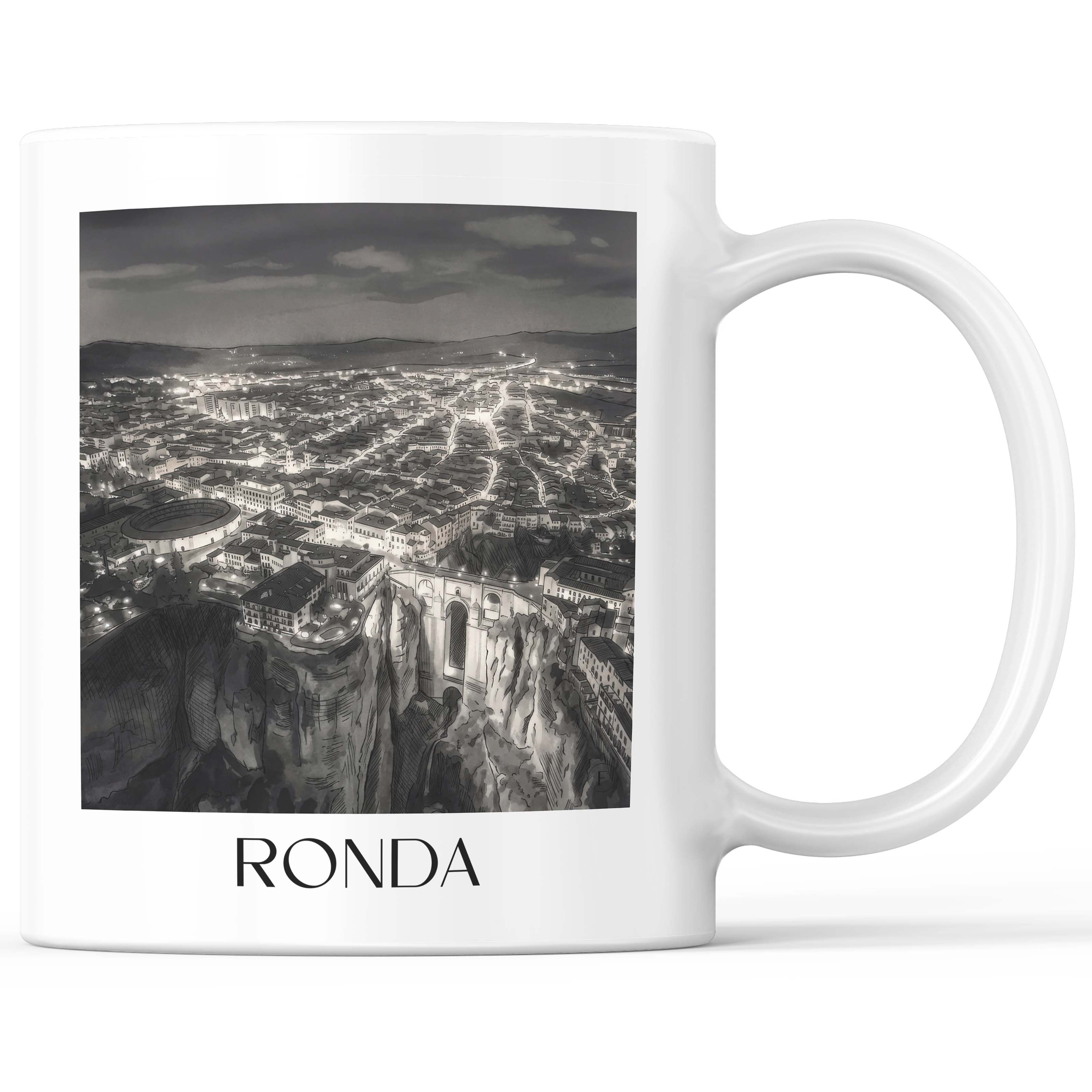 Ronda Kaffeebecher - Spanien - Spanien Becher - Kaffeetasse im Aquarell Schwarz-Weiß Stil - favplace