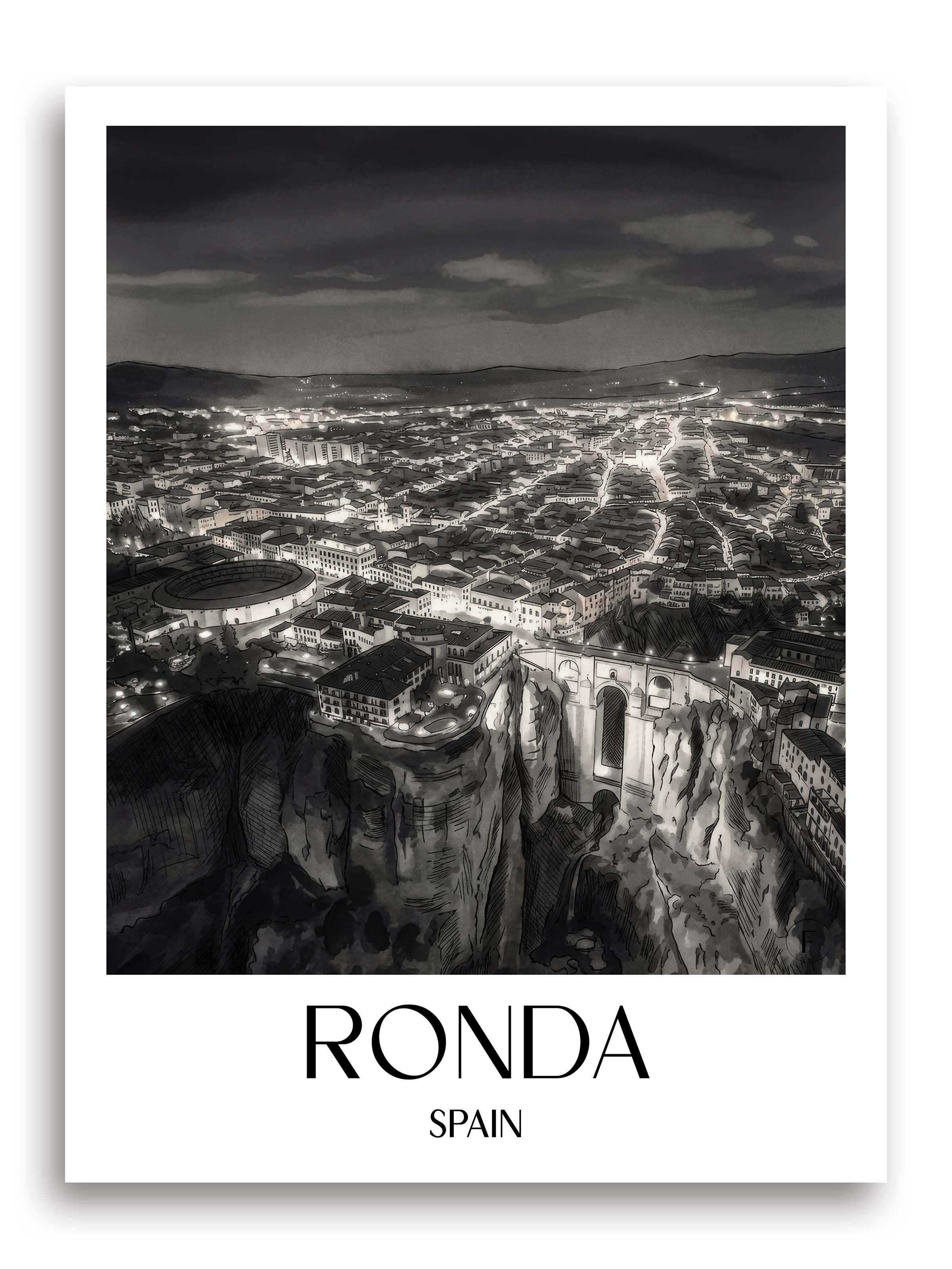 Ronda Poster - Spanien - Spanien und Spanien Kunstdruck - Aquarell Schwarz-Weiß von A4 bis A1 - favplace