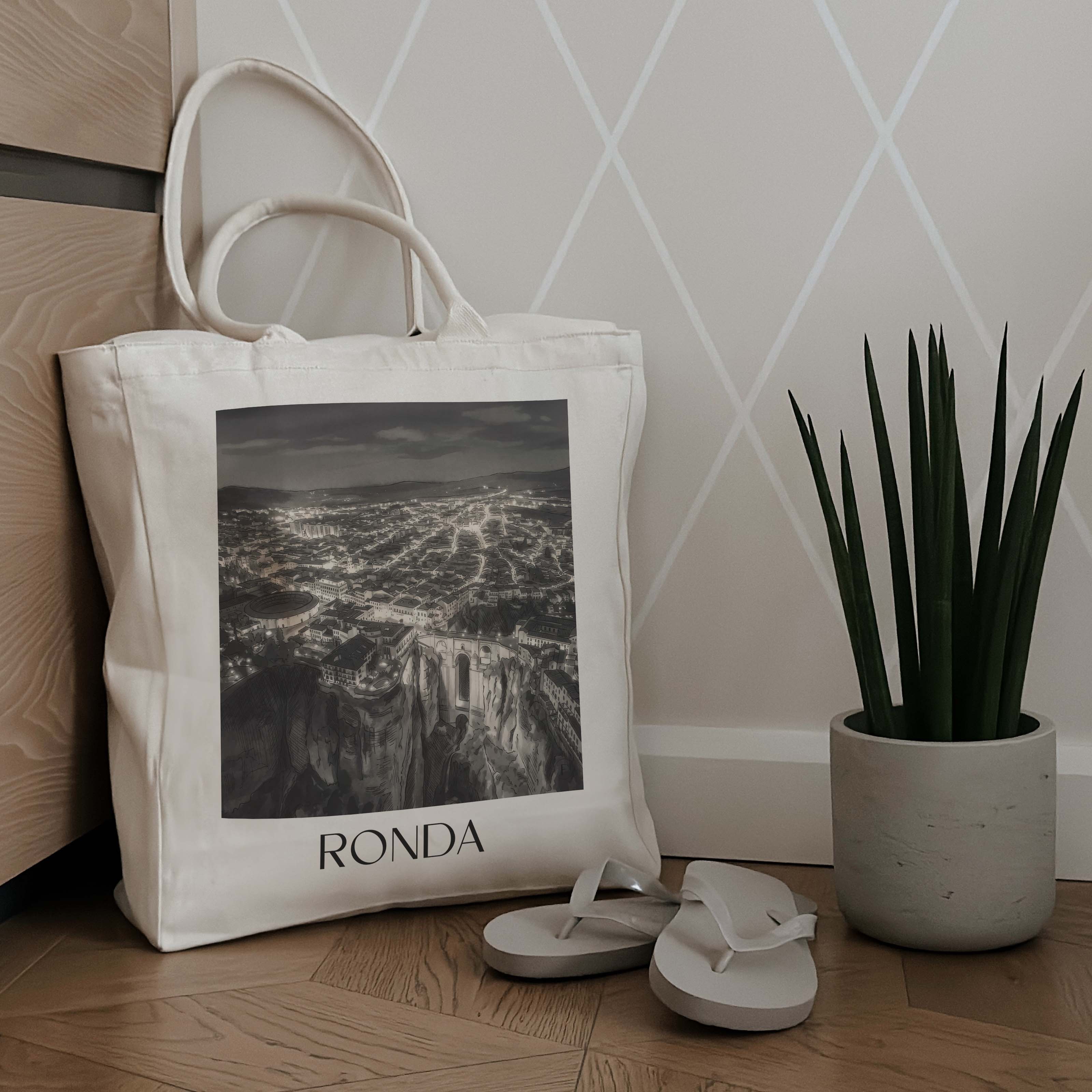 ronda-spanien-spanien-einkaufstasche-aquarell-schwarz-weiss