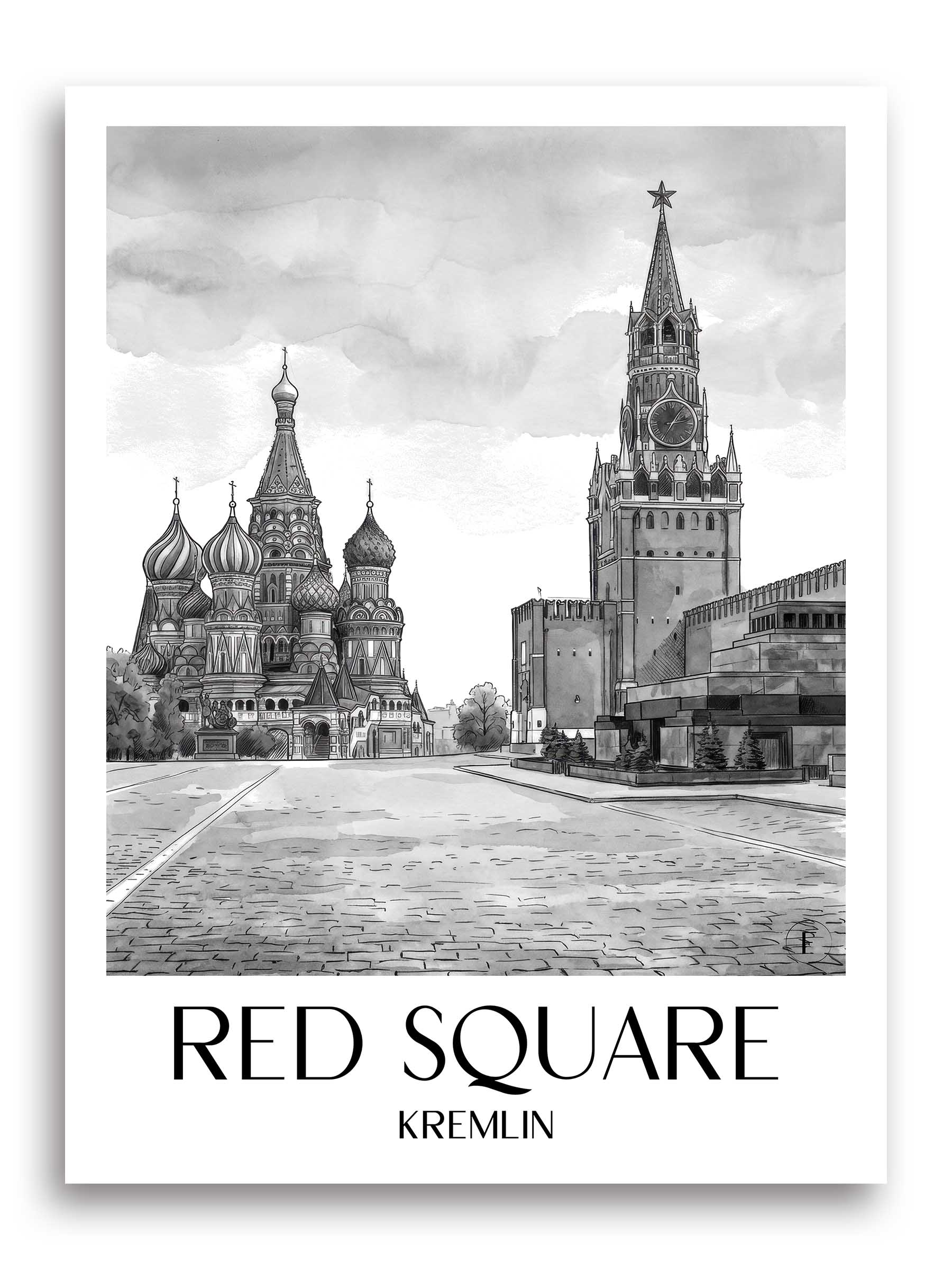 Roter Platz, Kremel Poster - - Russland Kunstdruck - Aquarell Schwarz-Weiß von A4 bis A1 - favplace