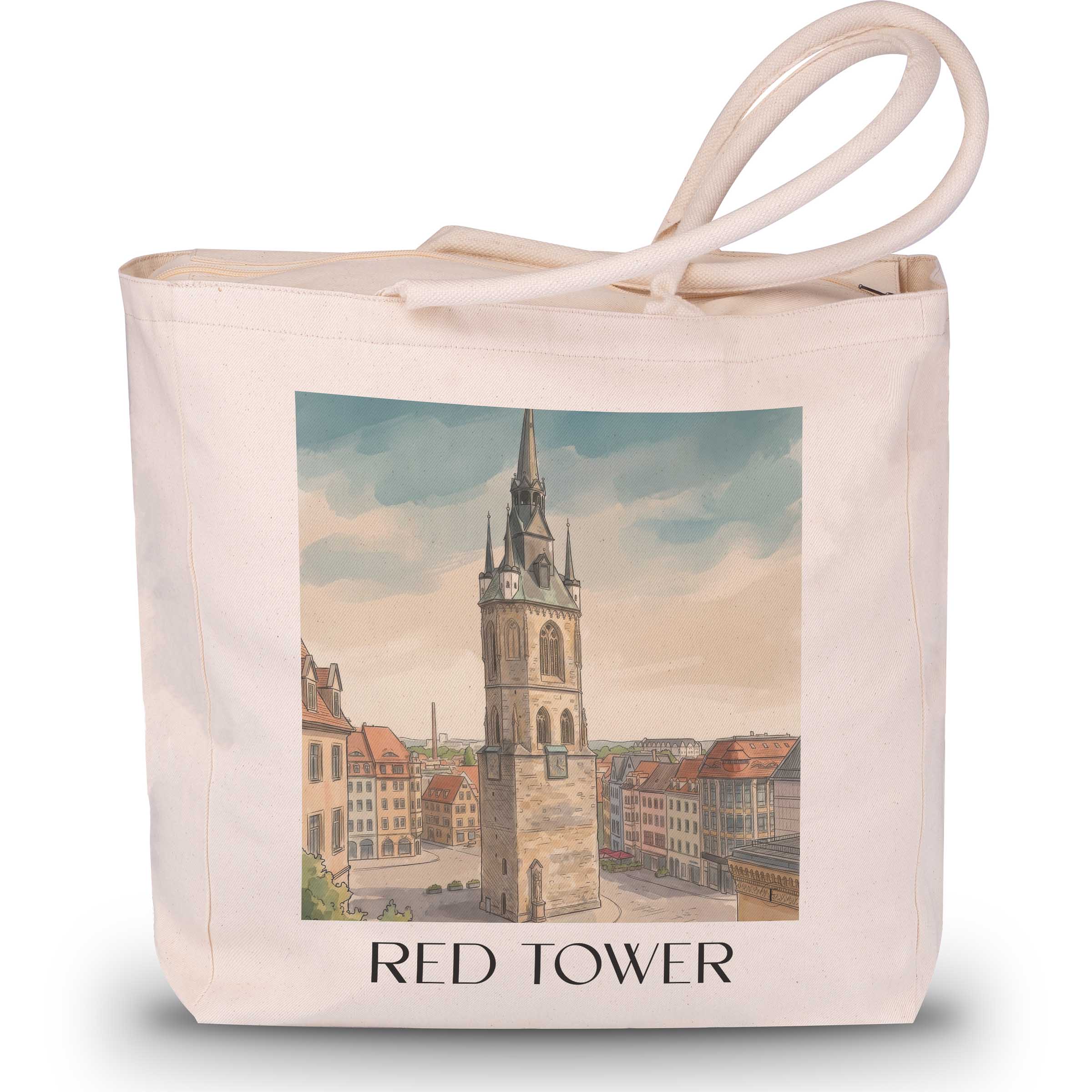 Roter Turm Shopping Tasche - Halle - Deutschland Tote Bag - Einkaufstasche im Aquarell Stil - favplace