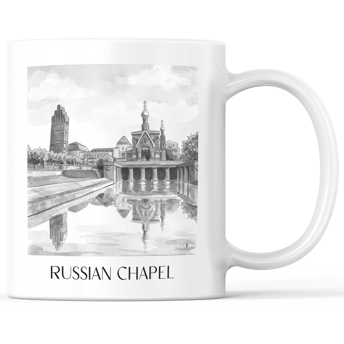 Russische Kapelle Kaffeebecher - Darmstadt - Deutschland Becher - Kaffeetasse im Aquarell Schwarz-Weiß Stil - favplace