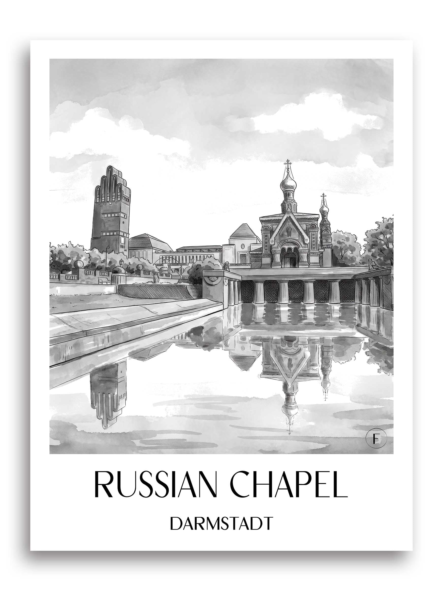 Russische Kapelle Poster - Darmstadt - Deutschland Kunstdruck - Aquarell Schwarz-Weiß von A4 bis A1