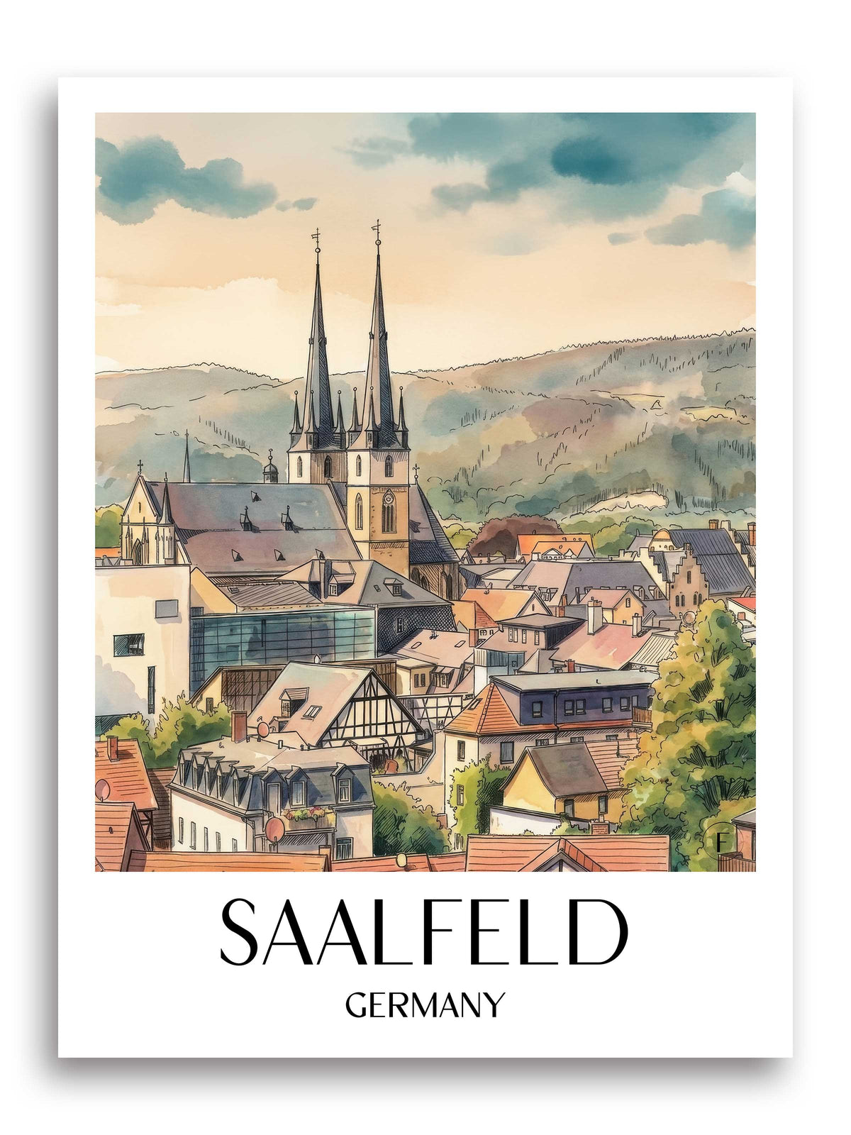 Saalfeld Poster - Saaletal - Deutschland Kunstdruck - Aquarell von A4 bis A1 - favplace