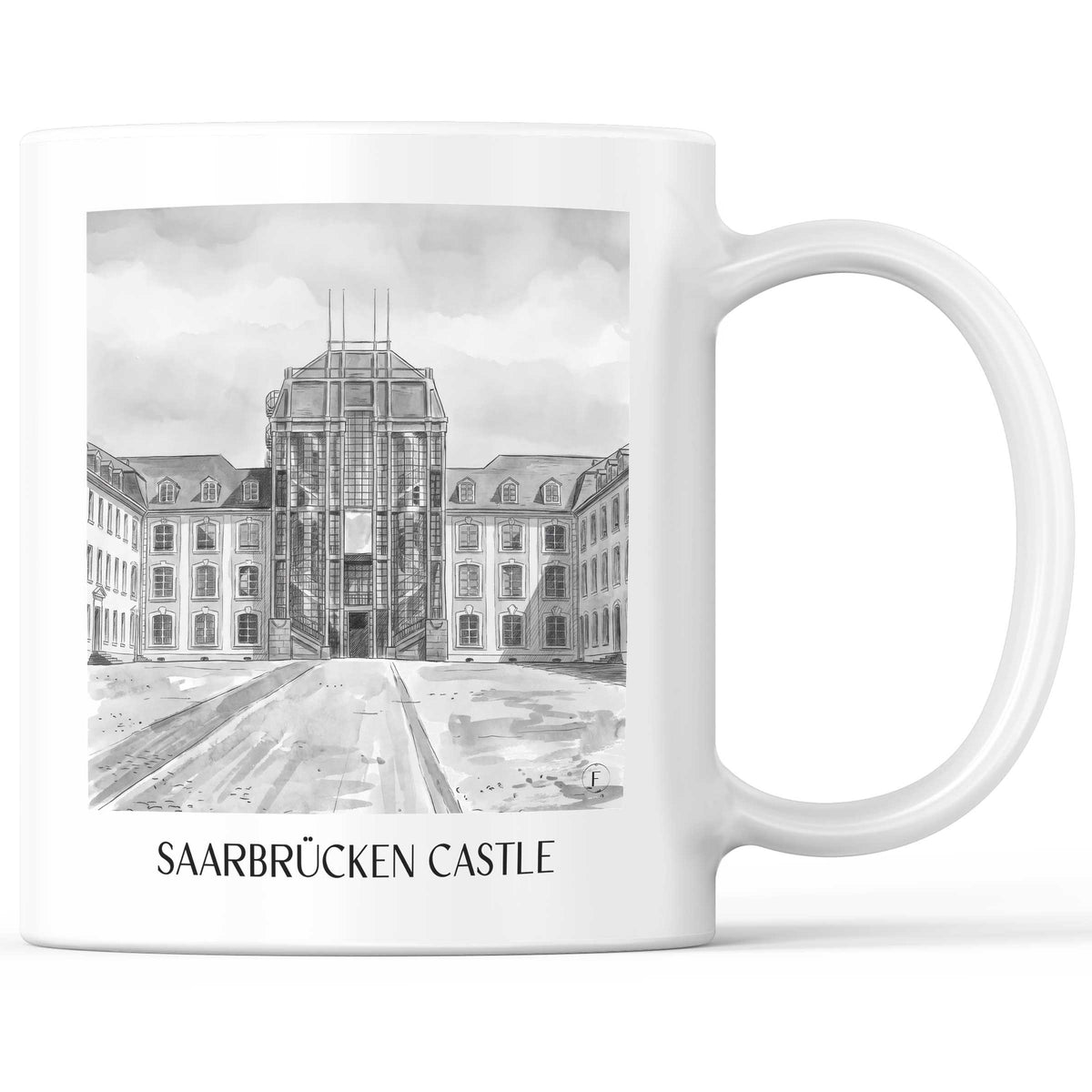 Saarbrücker Schloss Kaffeebecher - Saarland - Deutschland Becher - Kaffeetasse im Aquarell Schwarz-Weiß Stil - favplace