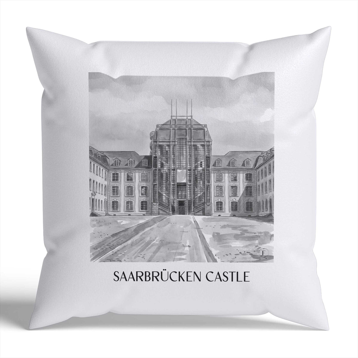 Saarbrücker Schloss Kissenhülle - Zierkissen Bezug - Saarland - Deutschland Kissen bzw. Kissenbezug im Aquarell Schwarz-Weiß Stil - favplace