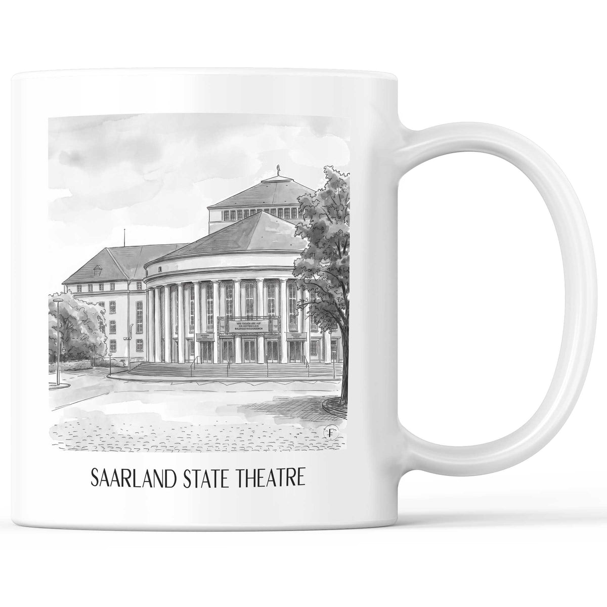 Saarländisches Staatstheater Kaffeebecher - Saarbrücken - Deutschland Becher - Kaffeetasse im Aquarell Schwarz-Weiß Stil - favplace