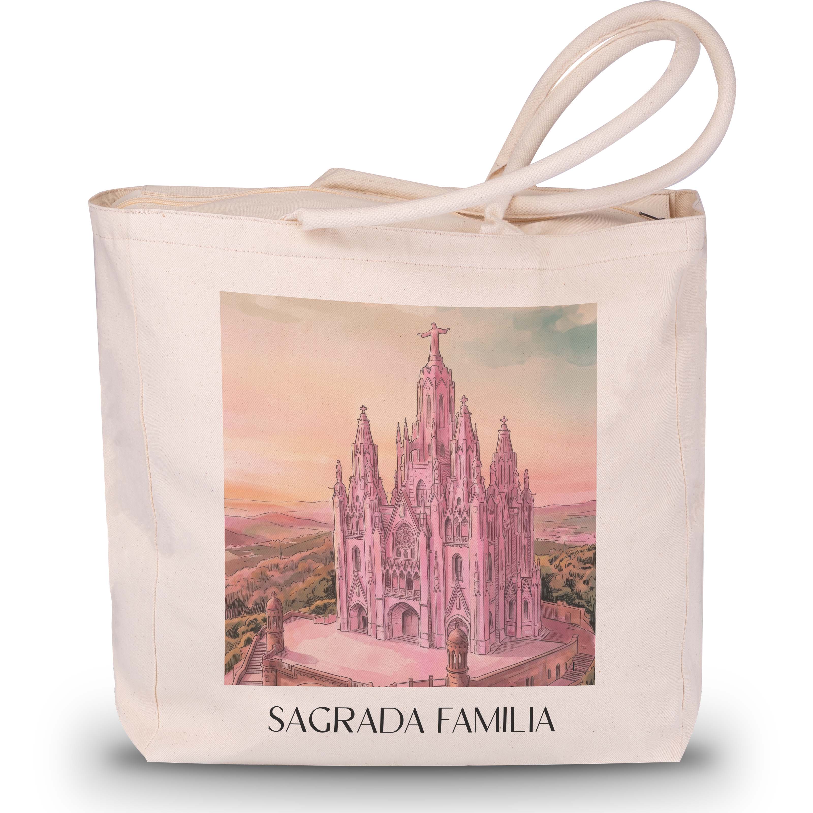 sagrada-familia-barcelona-spanien-einkaufstasche-aquarell-pink-rosa