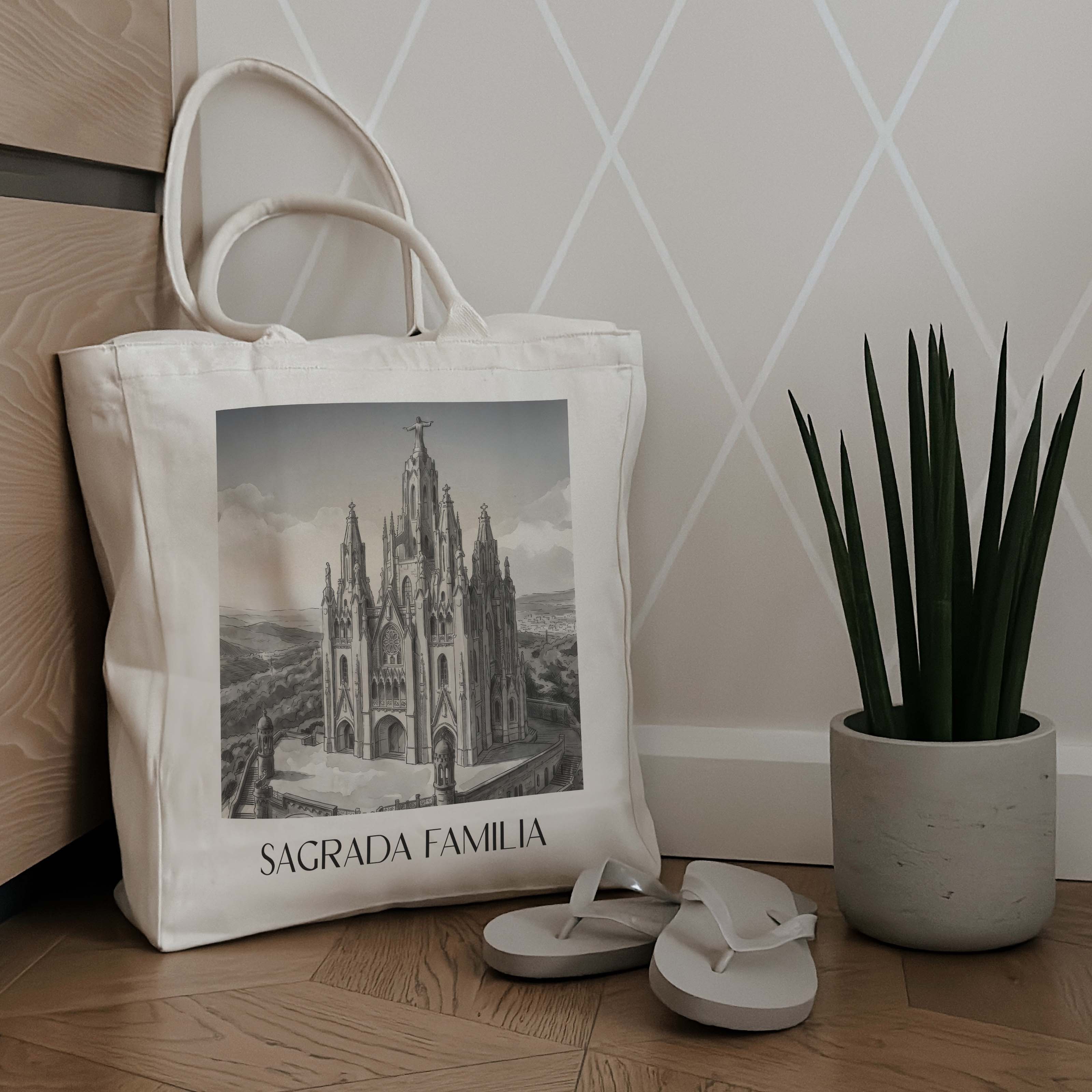 sagrada-familia-barcelona-spanien-einkaufstasche-aquarell-schwarz-weiss
