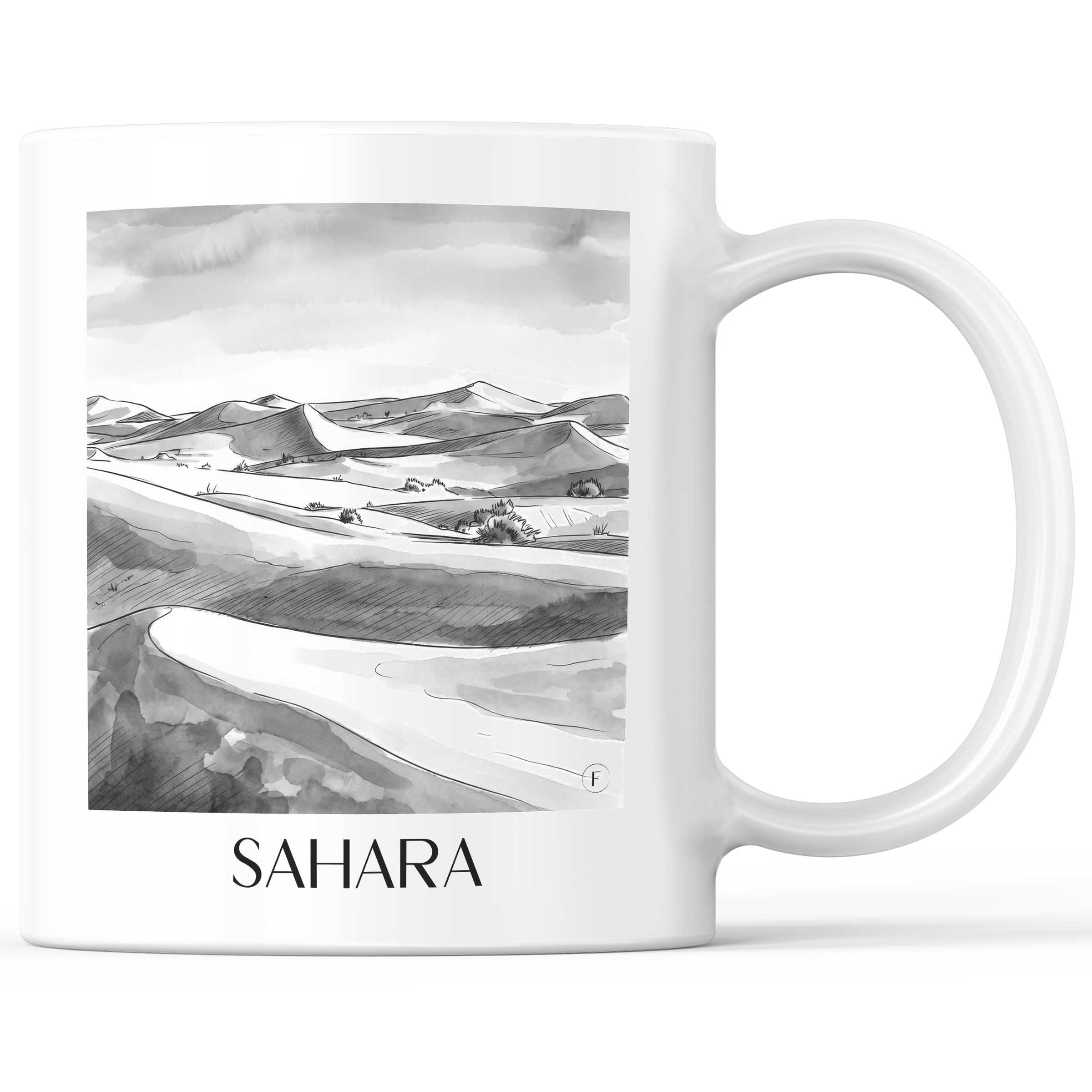 Sahara - Nordafrika Becher - Kaffeetasse im Aquarell Schwarz-Weiß Stil - favplace