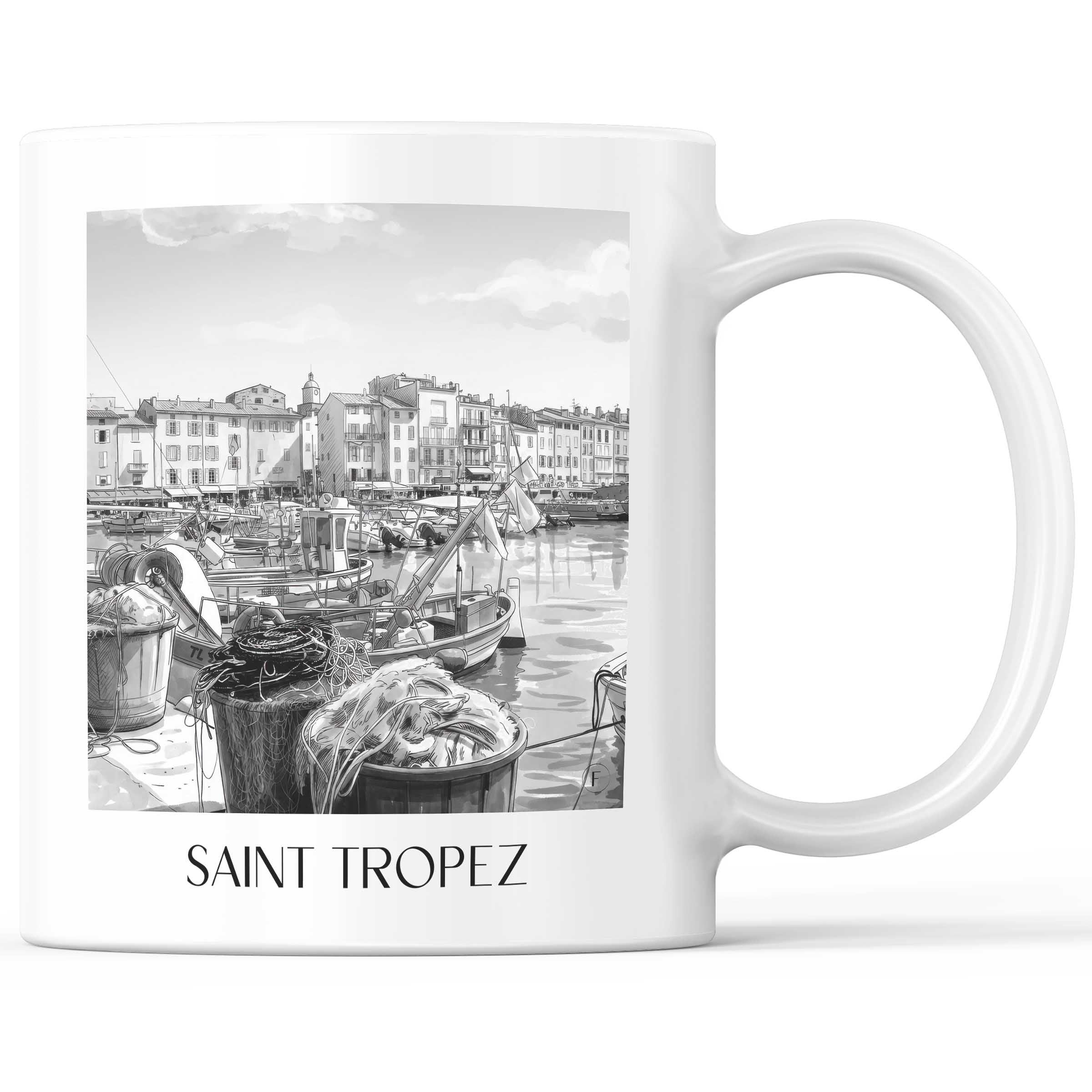 Saint Tropez - Frankreich Becher - Kaffeetasse im Aquarell Schwarz-Weiß Stil - favplace