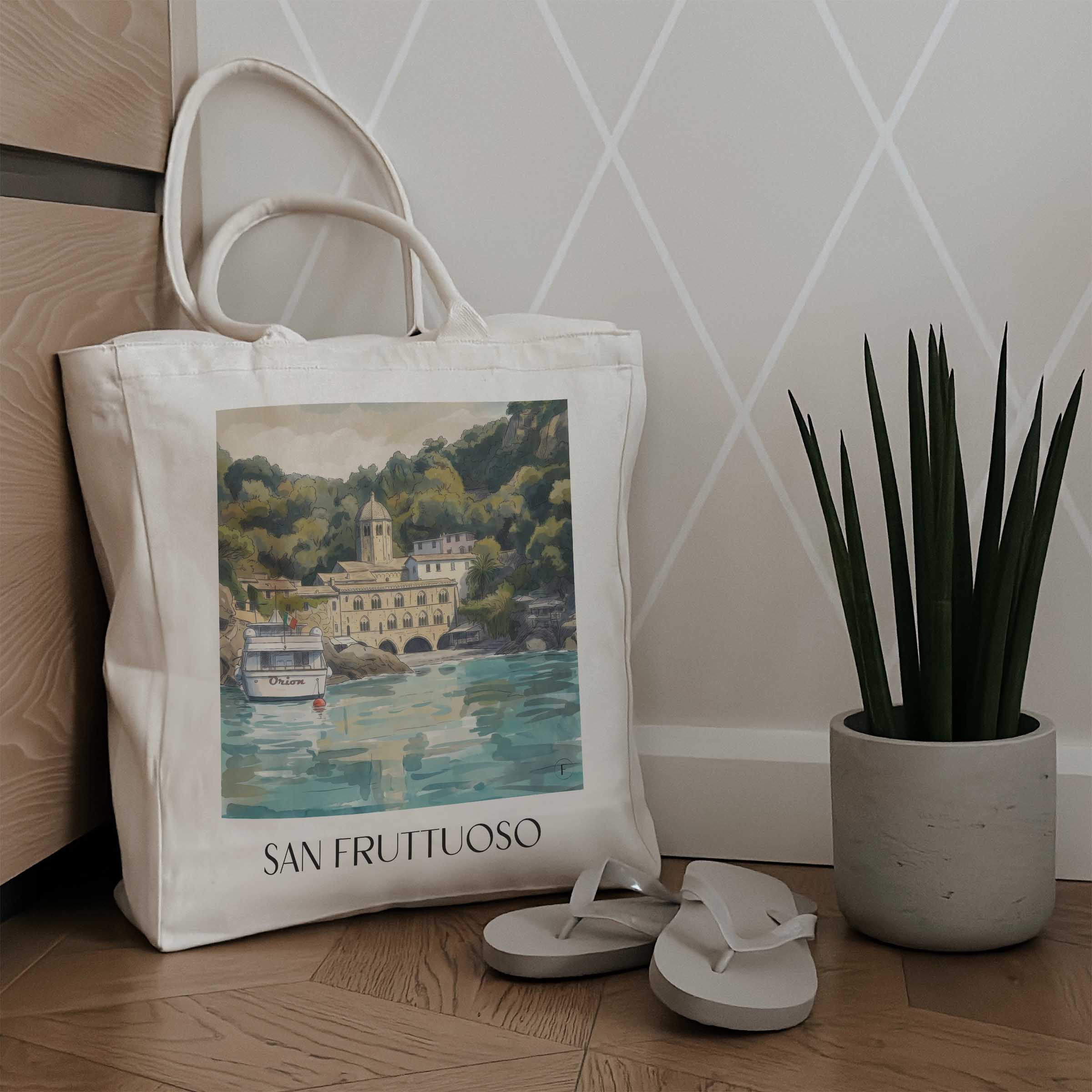 san-fruttuoso-camogli-italien-einkaufstasche-aquarell