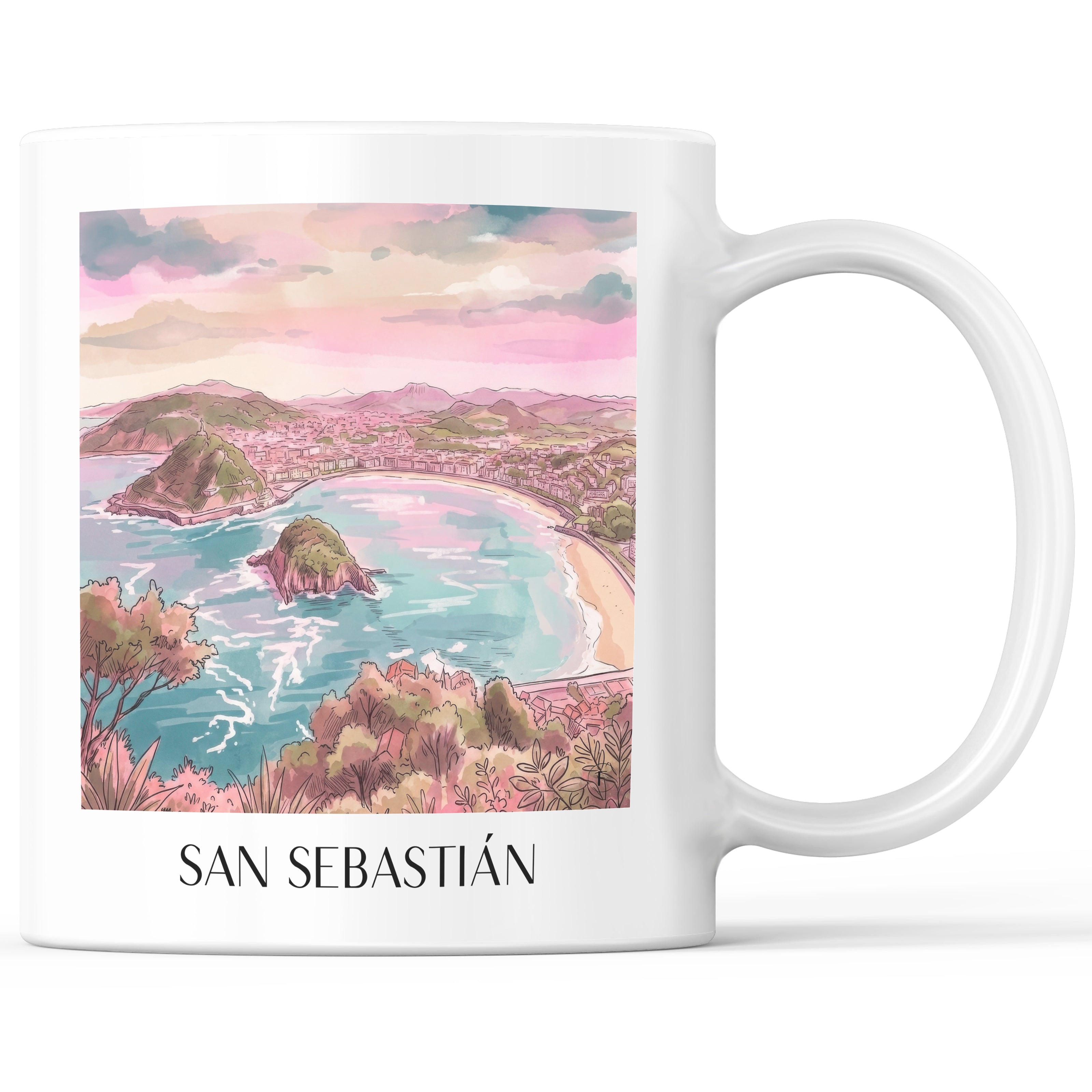 San Sebastián Kaffeebecher - Spanien - Spanien Becher - Kaffeetasse im Aquarell Pink Stil - favplace