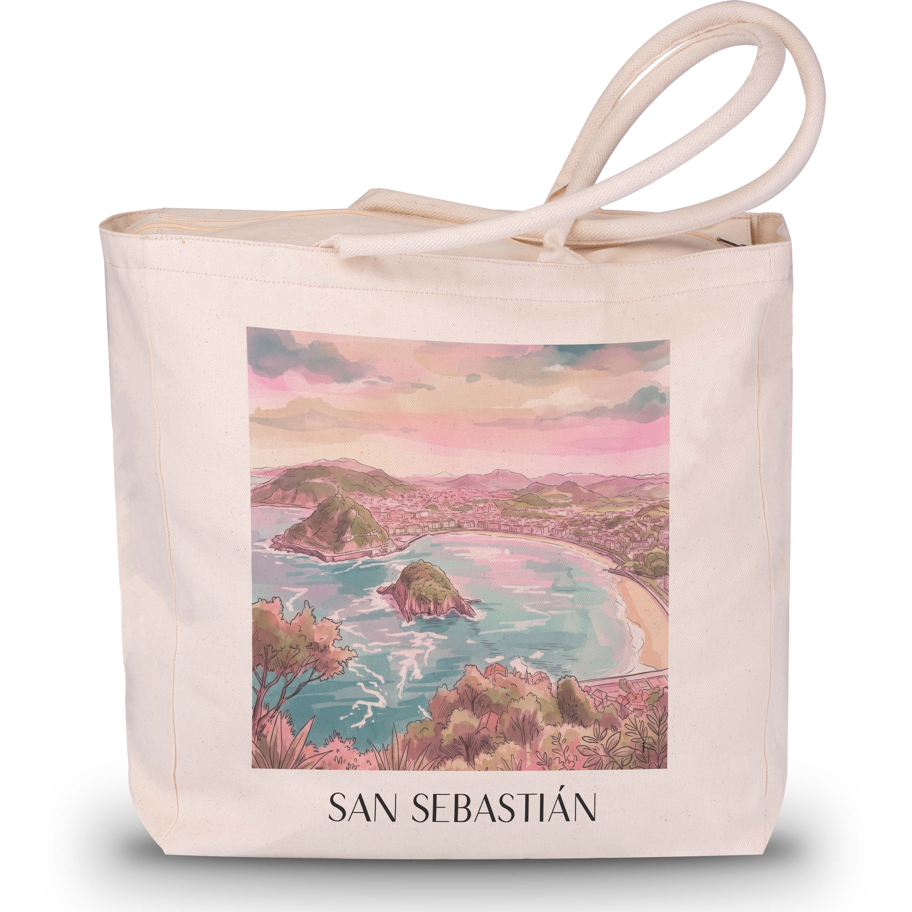 San Sebastián Shopping Tasche - Spanien - Spanien Tote Bag - Einkaufstasche im Aquarell Pink Stil - favplace