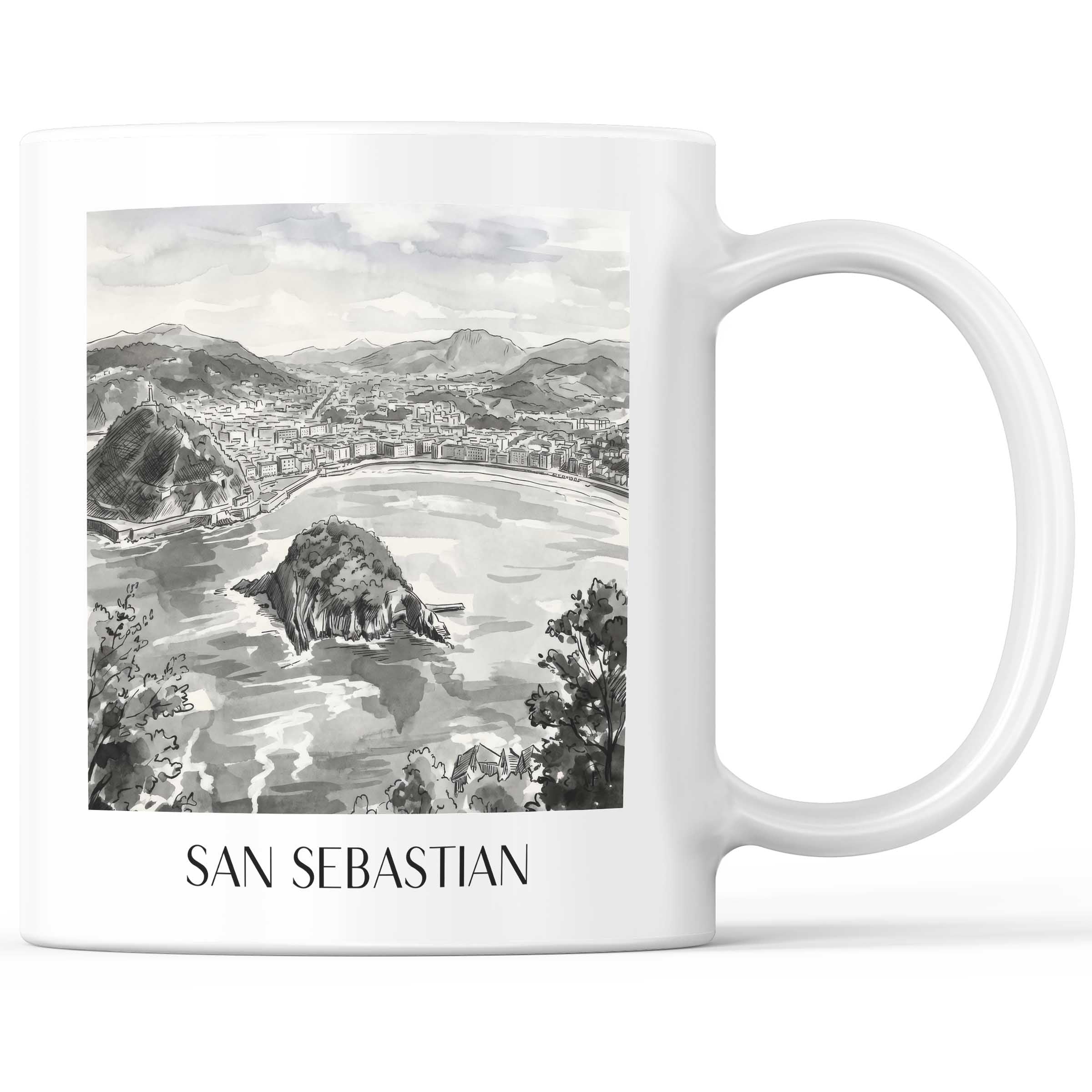 San Sebastian - Spanien Becher - Kaffeetasse im Aquarell Schwarz-Weiß Stil - favplace