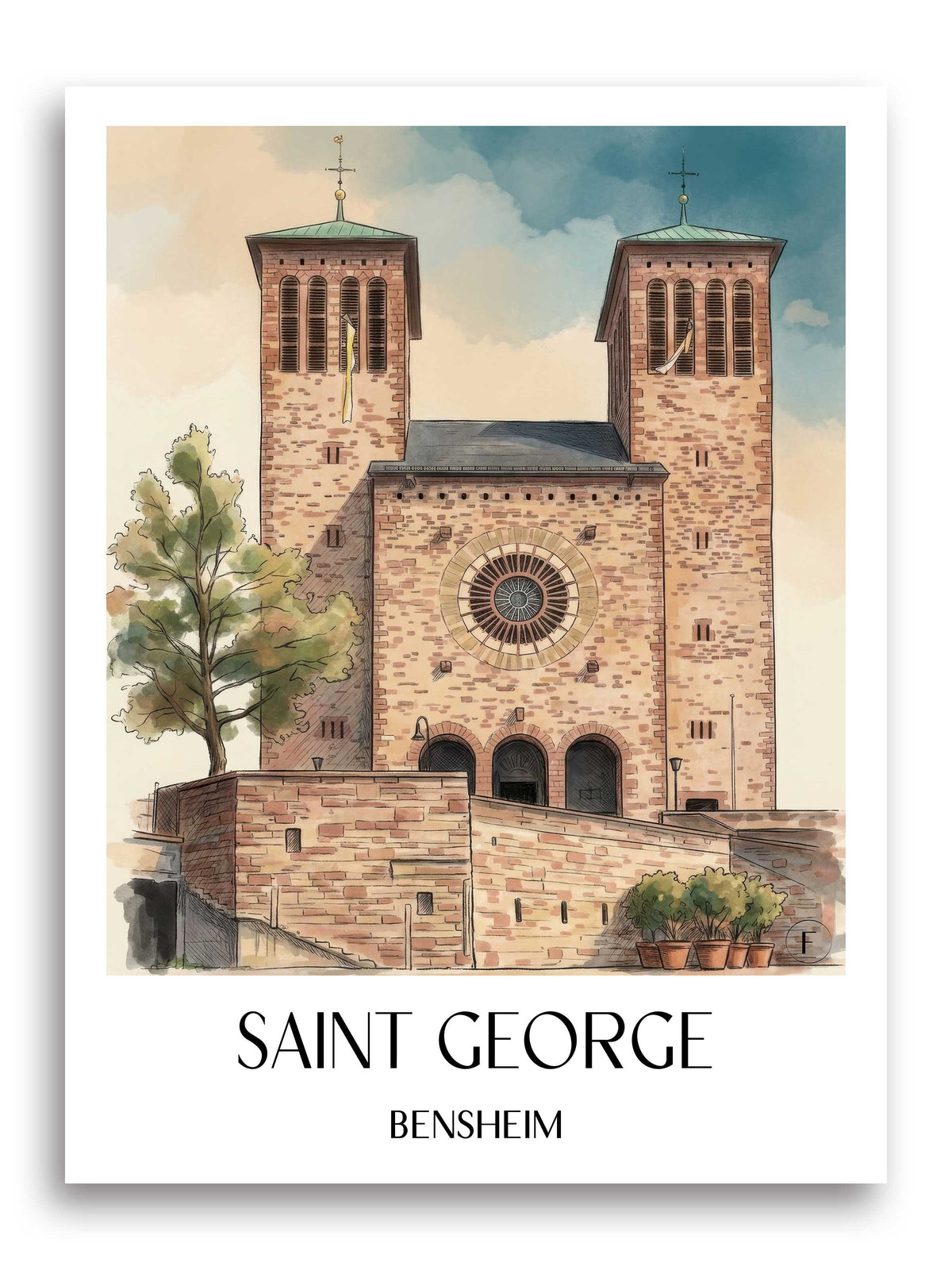 Sankt Georg Poster - Bensheim - Deutschland Kunstdruck - Aquarell von A4 bis A1 - favplace