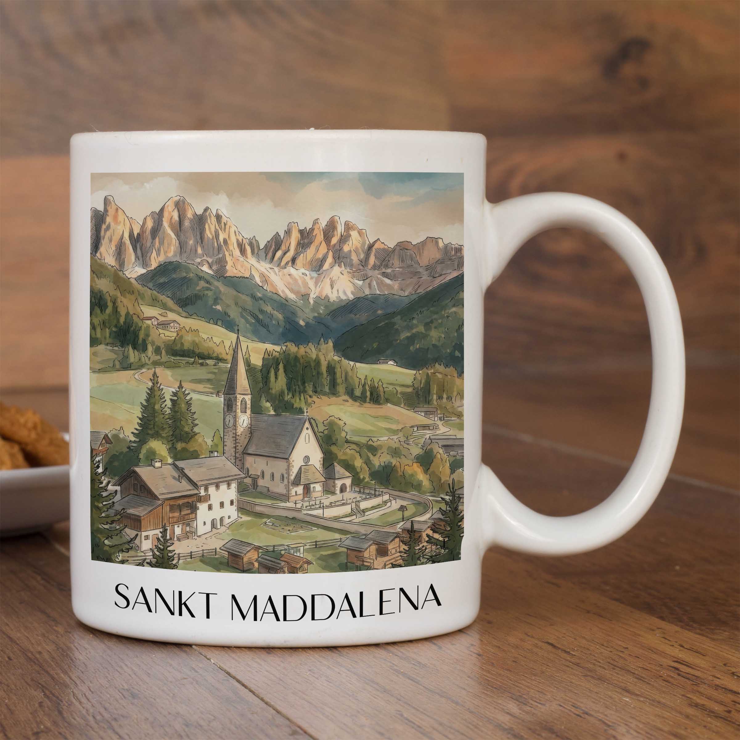 sankt-maddalena-trentino-südtirol-italien-kaffeebecher-aquarell