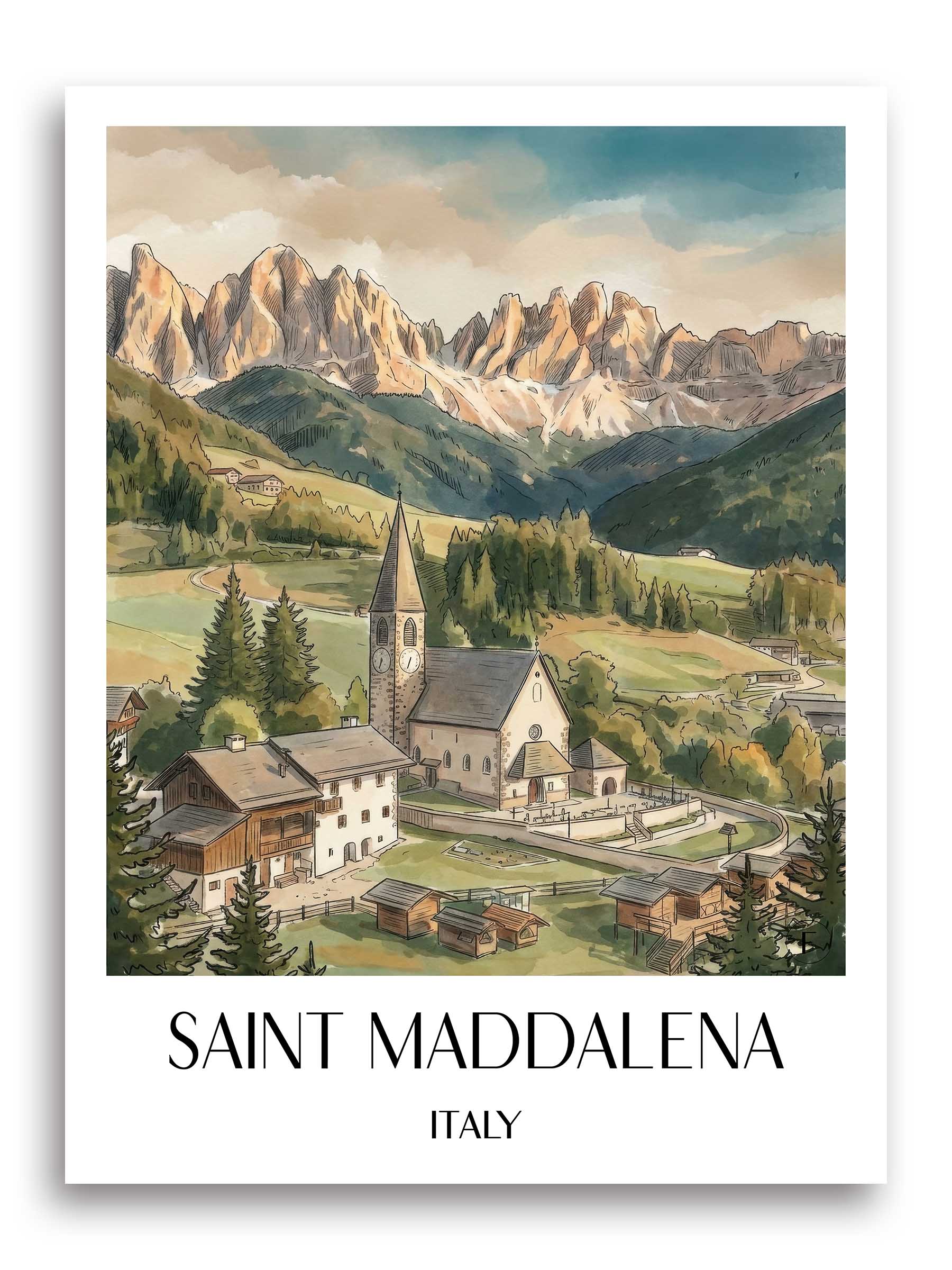 Sankt Maddalena Poster - Trentino-Südtirol - Italien Kunstdruck - Aquarell von A4 bis A1 - favplace