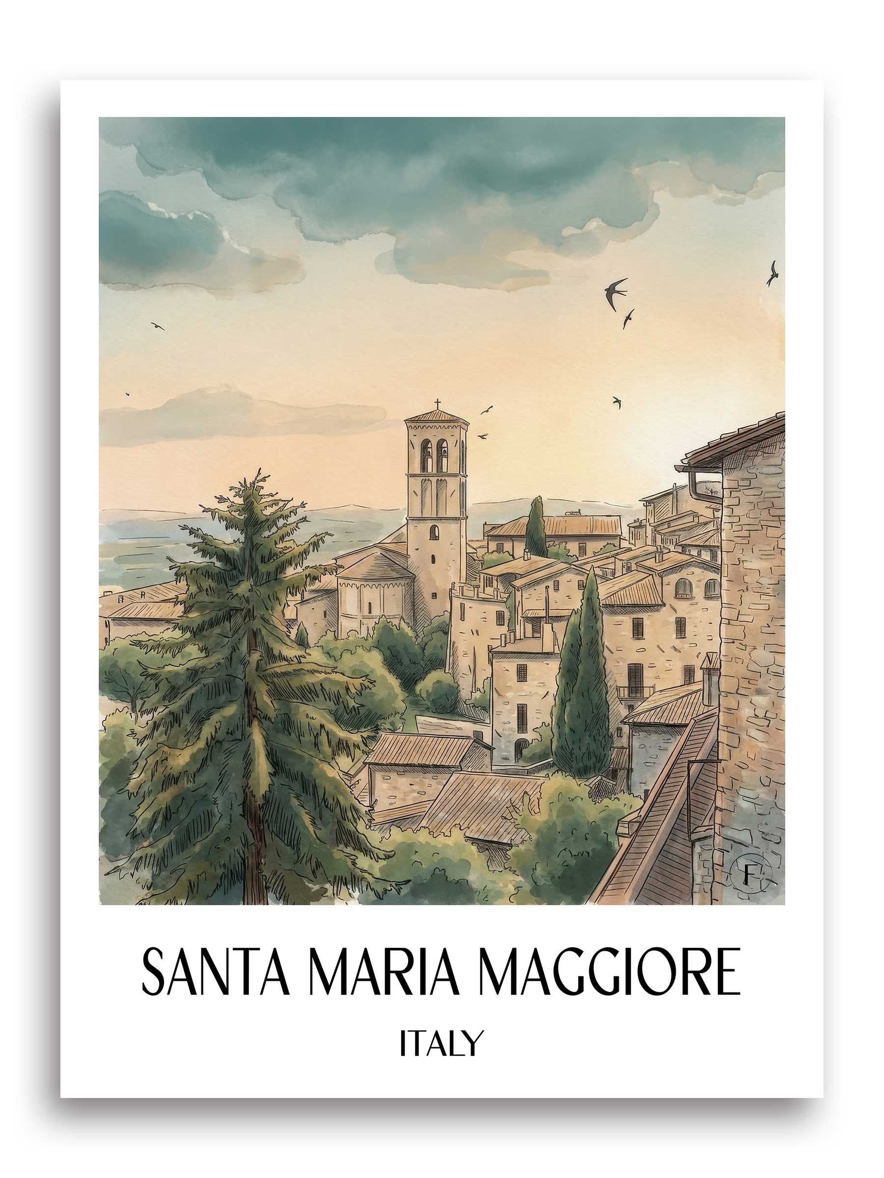 Santa Maria Maggiore Poster - Assisi - Italien Kunstdruck - Aquarell von A4 bis A1 - favplace