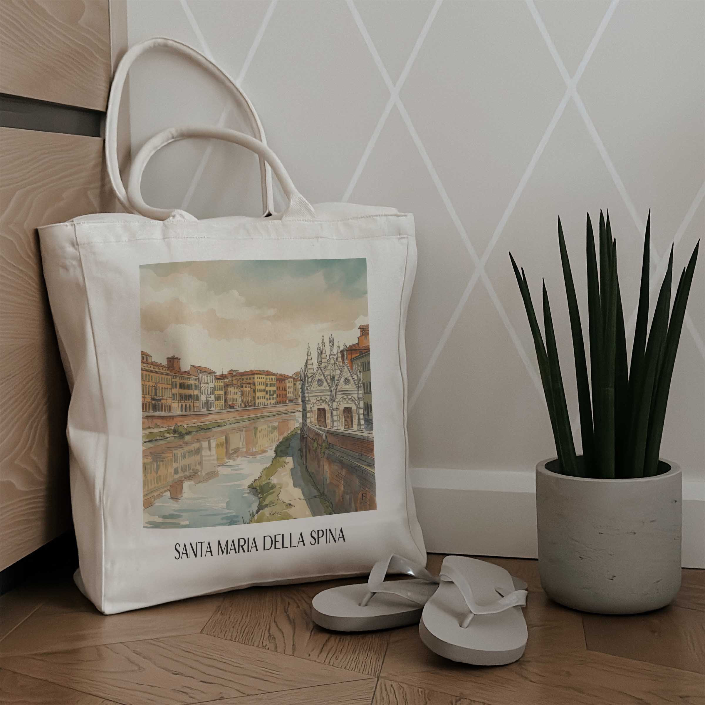 santa-maria-della-spina-pisa-italien-einkaufstasche-aquarell