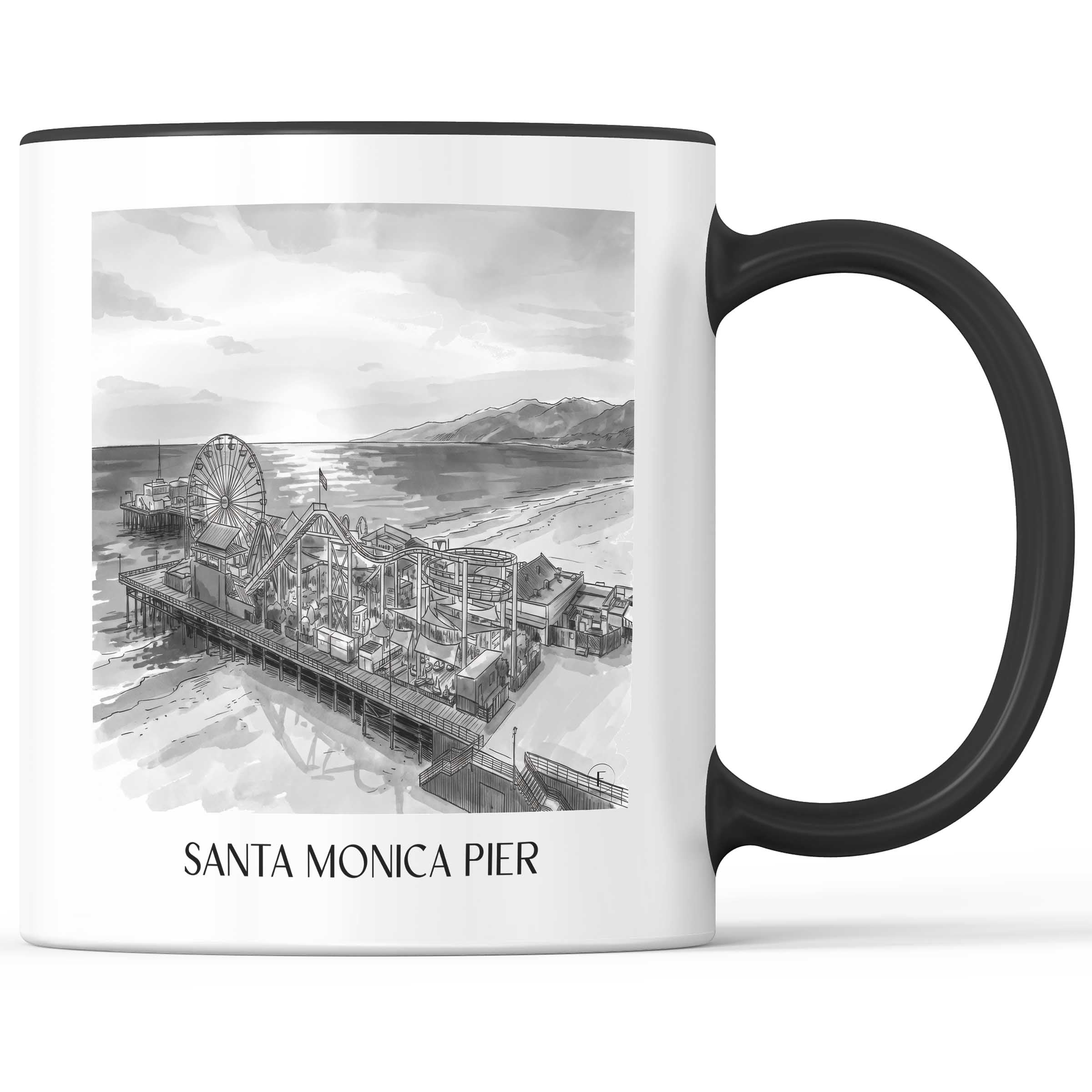 santa-monica-pier-californien-usa-kaffeebecher-aquarell-schwarz-weiss