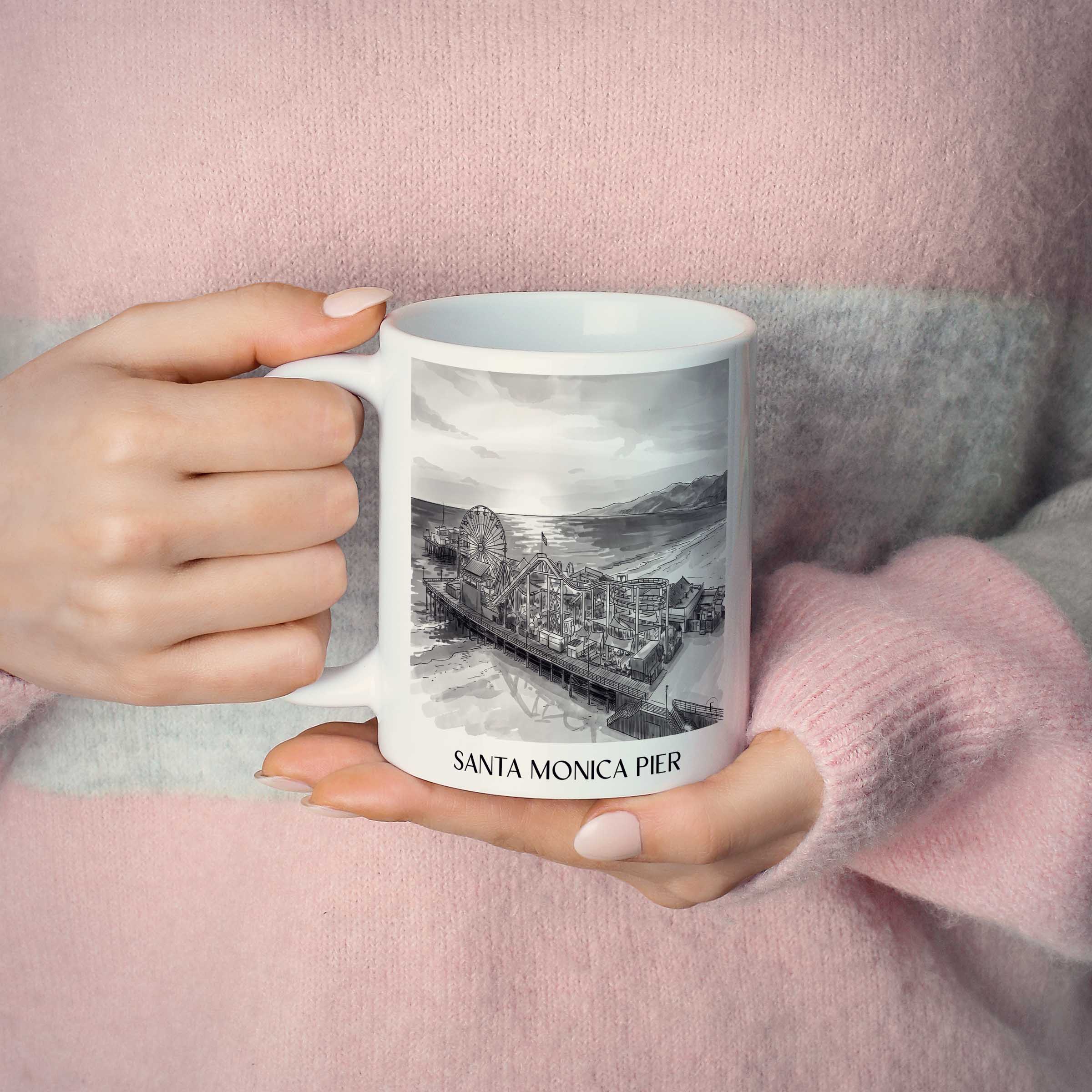 santa-monica-pier-californien-usa-kaffeebecher-aquarell-schwarz-weiss