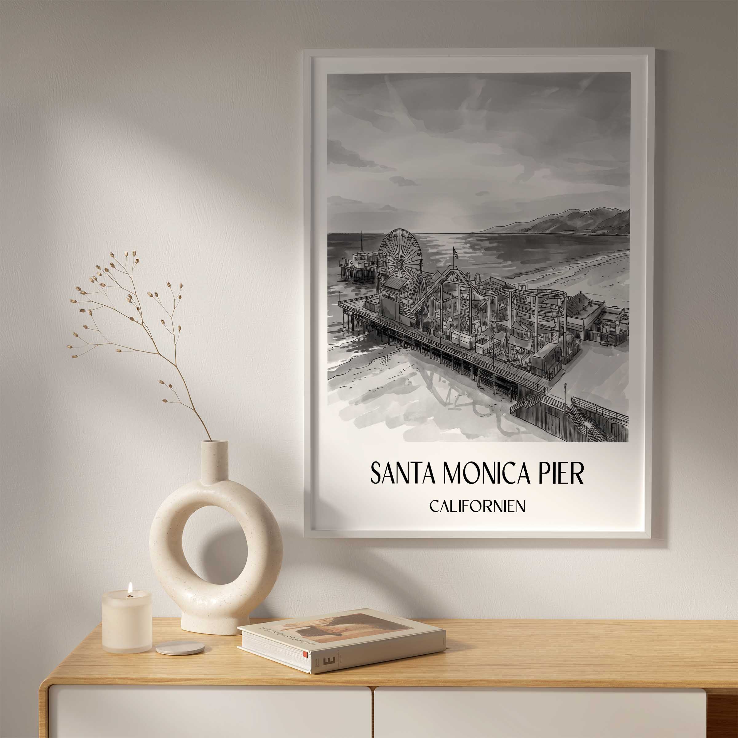 santa-monica-pier-californien-usa-poster-aquarell-schwarz-weiss