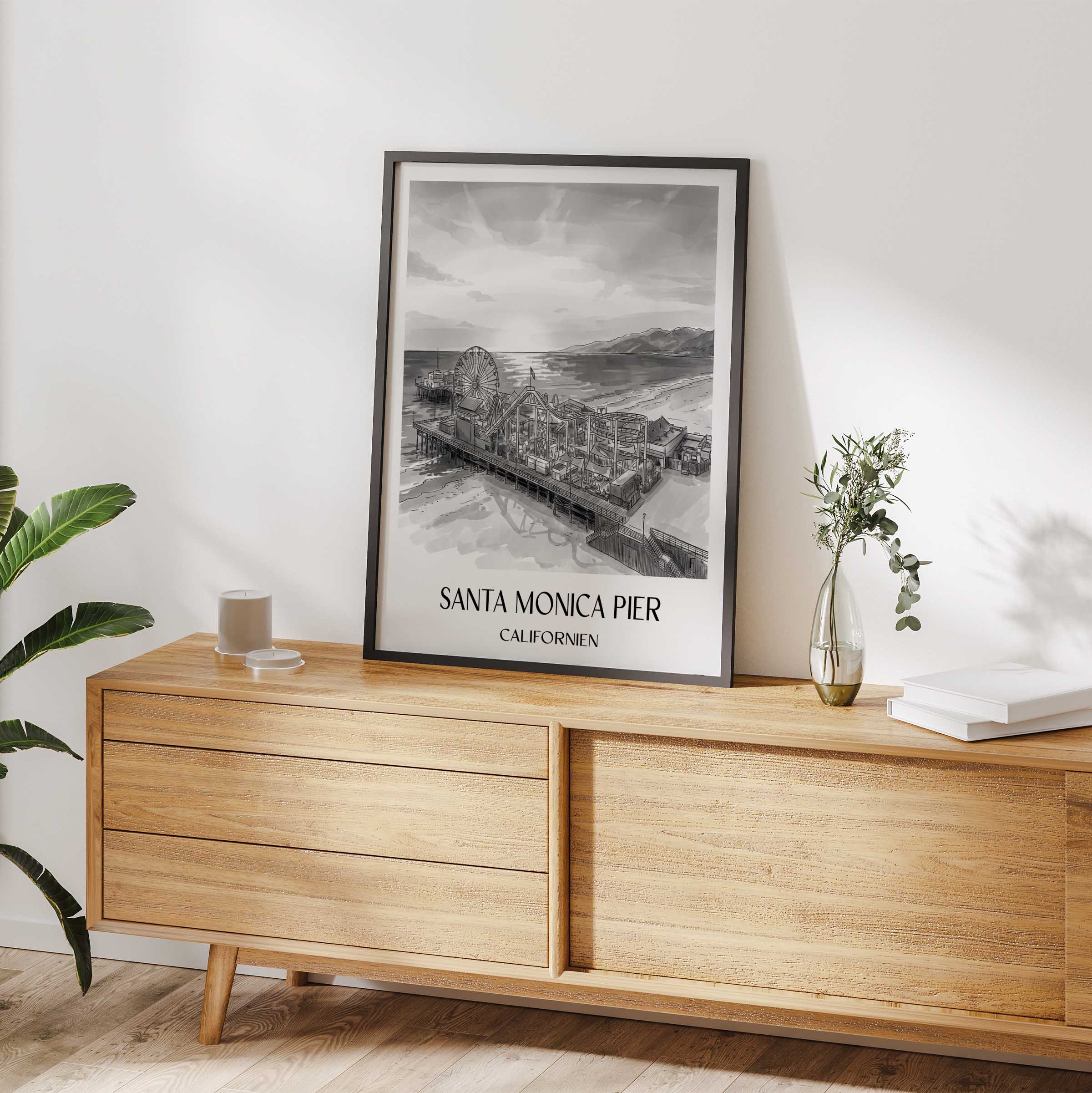 santa-monica-pier-californien-usa-poster-aquarell-schwarz-weiss
