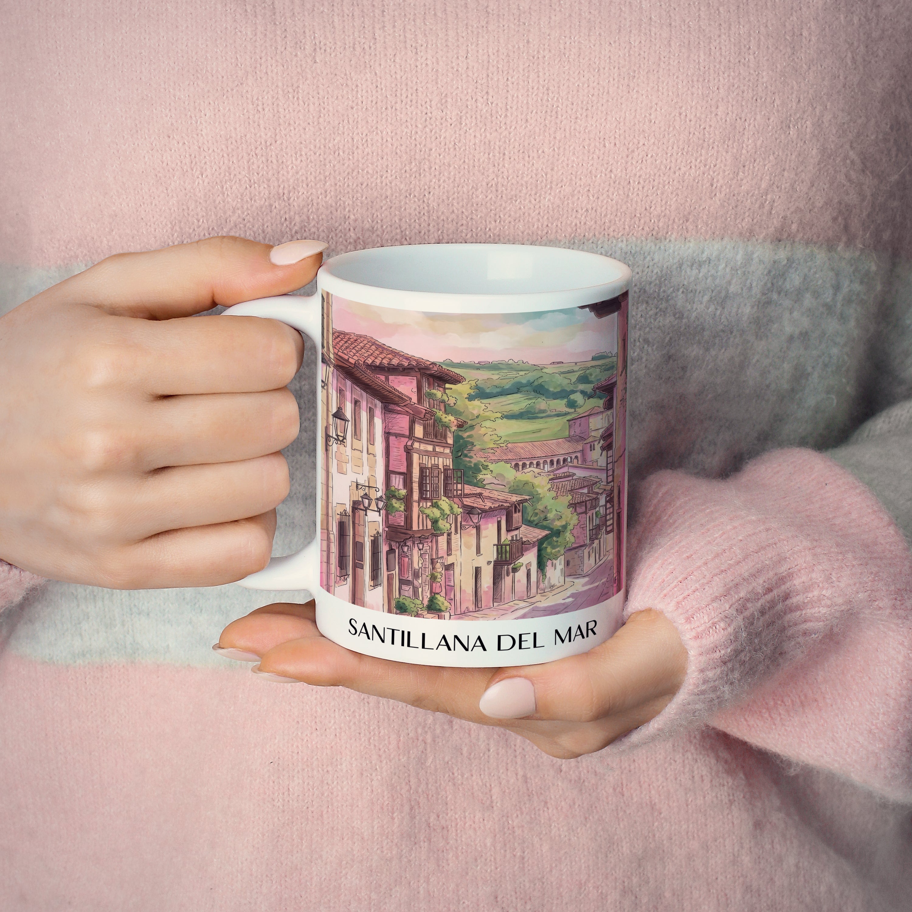 santillana-del-mar-spanien-spanien-kaffeebecher-aquarell-pink-rosa