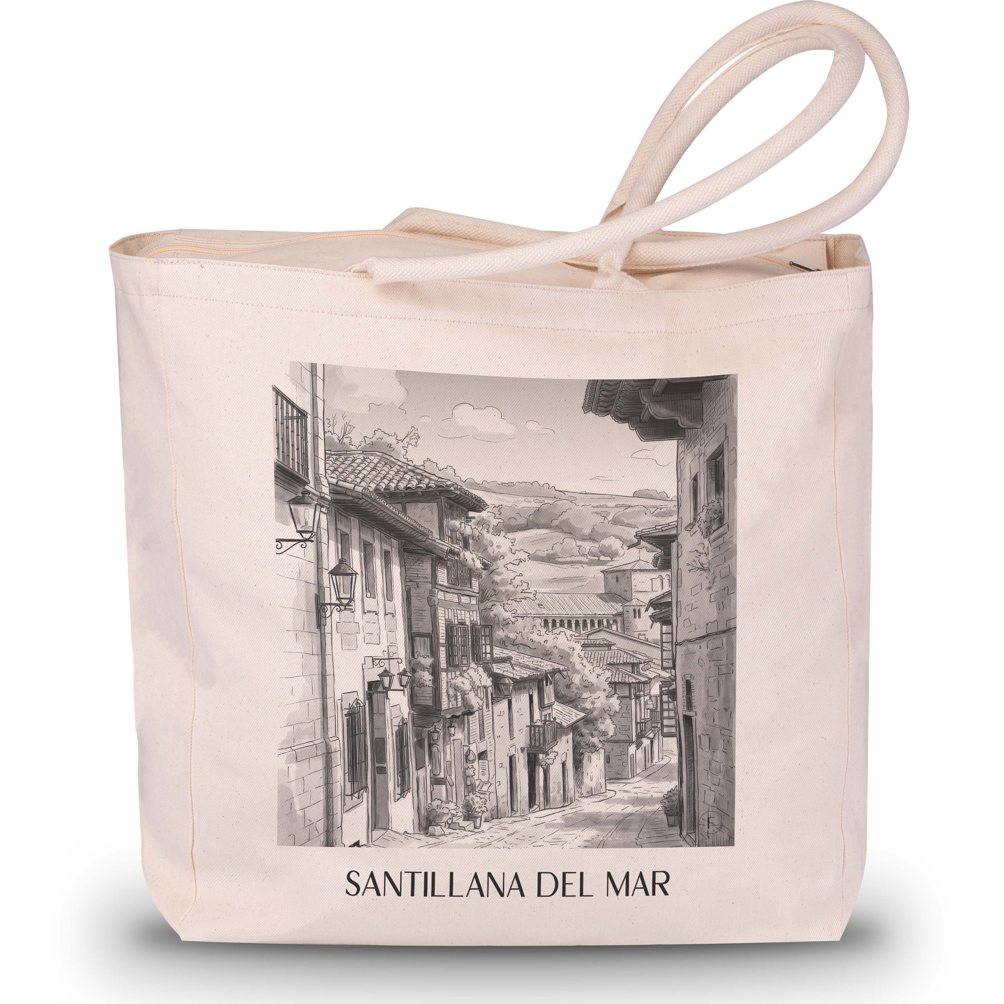 Santillana del Mar Shopping Tasche - Spanien - Spanien Tote Bag - Einkaufstasche im Aquarell Schwarz-Weiß Stil - favplace
