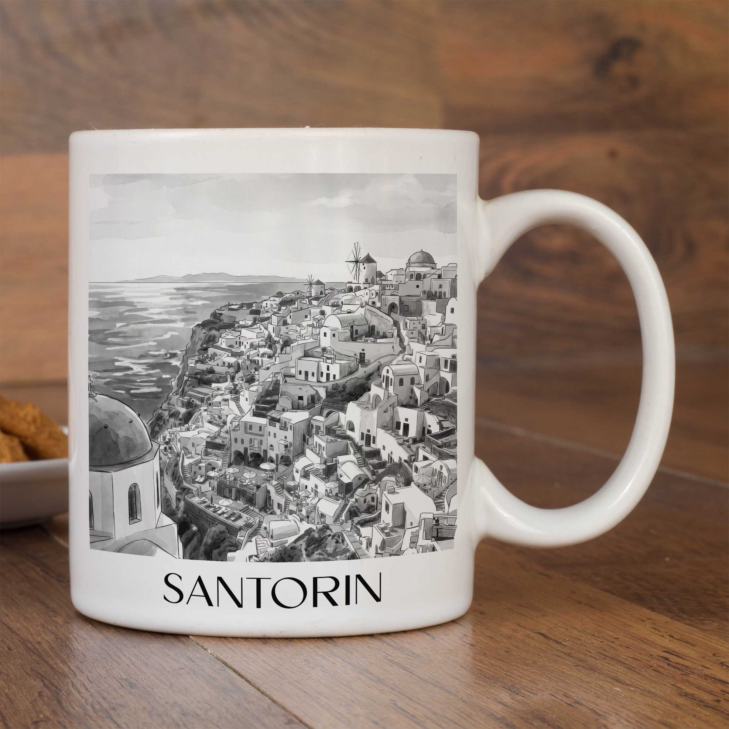 santorin-griechenland-kaffeebecher-aquarell-schwarz-weiss
