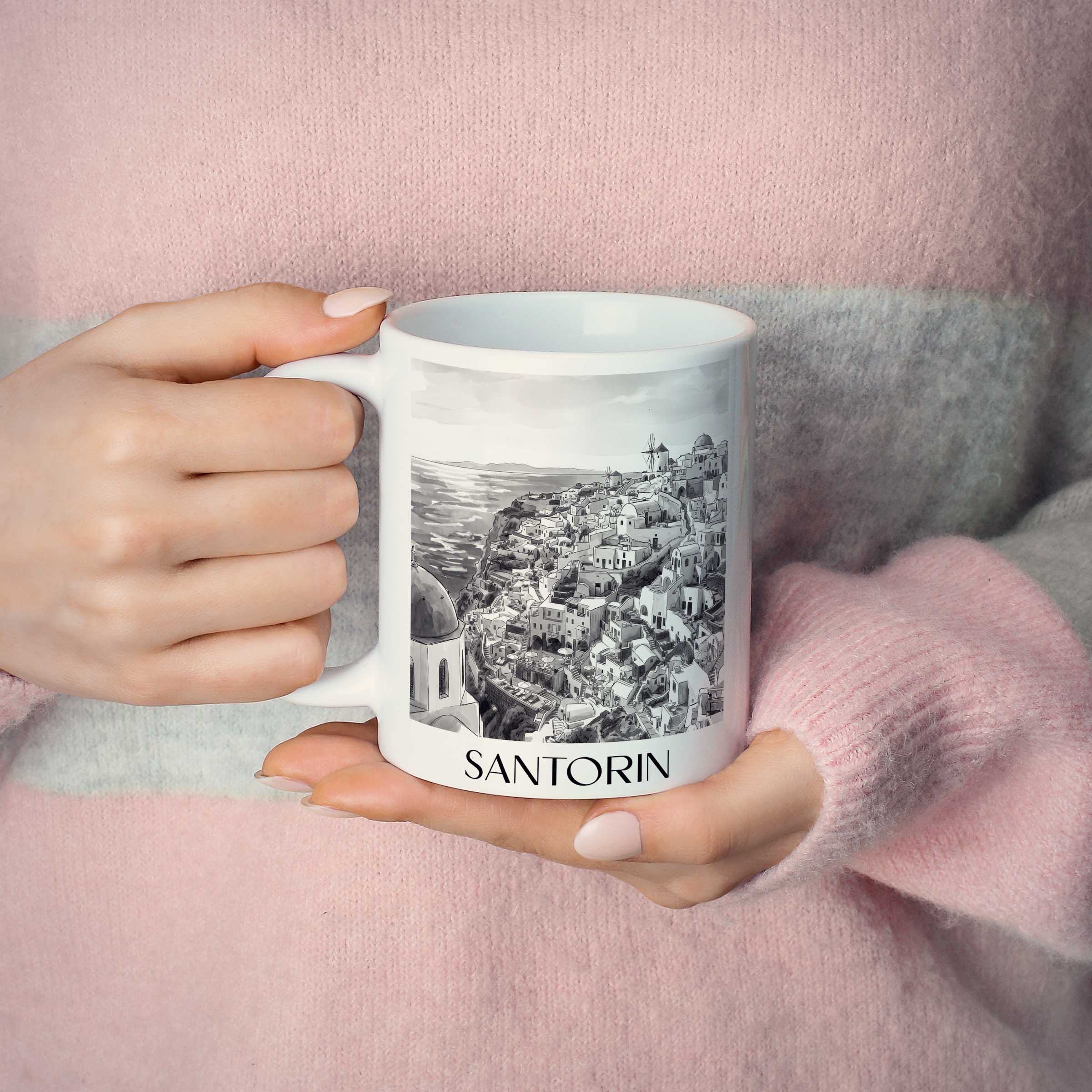 santorin-griechenland-kaffeebecher-aquarell-schwarz-weiss