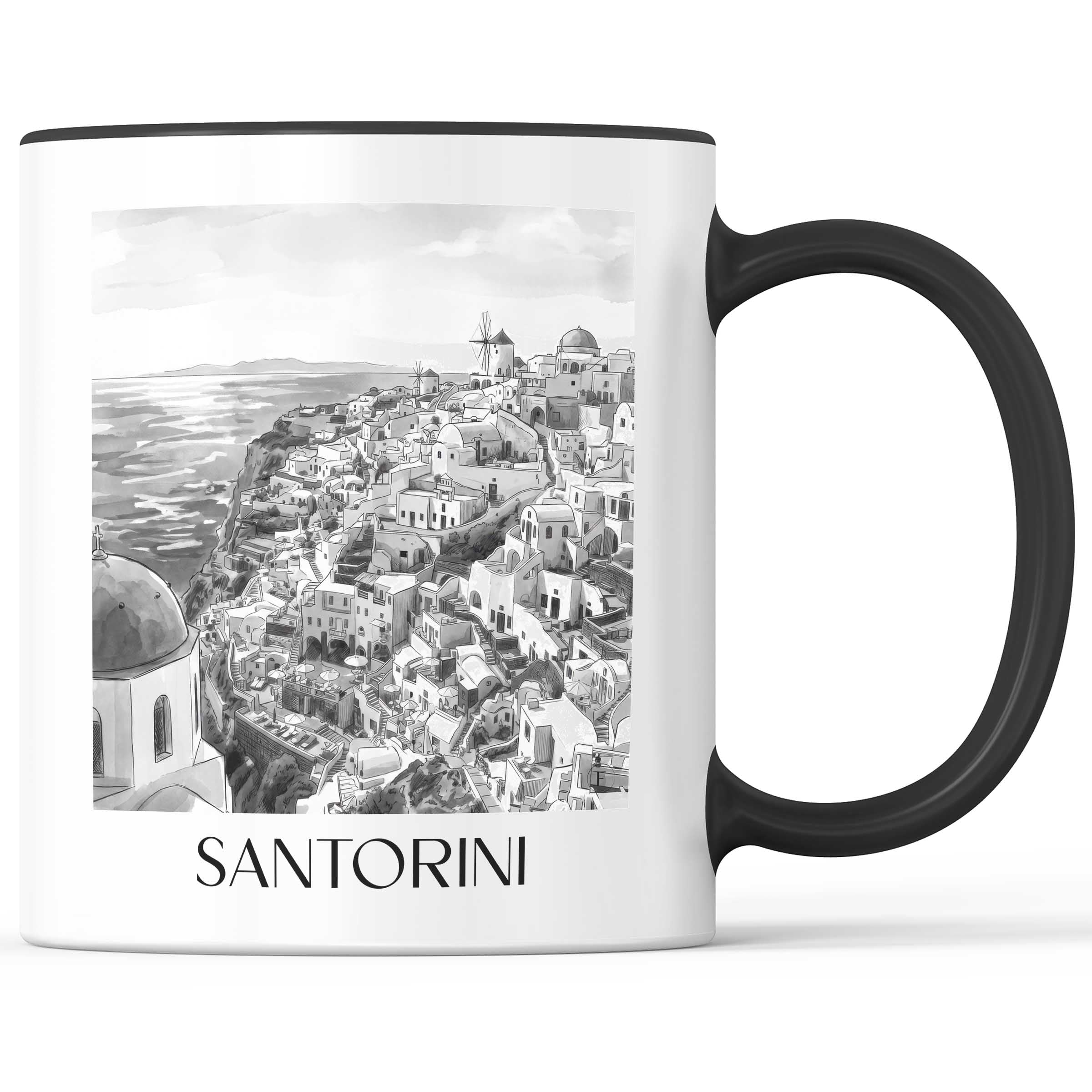 Santorin - Griechenland Becher - Kaffeetasse im Aquarell Schwarz-Weiß Stil - favplace