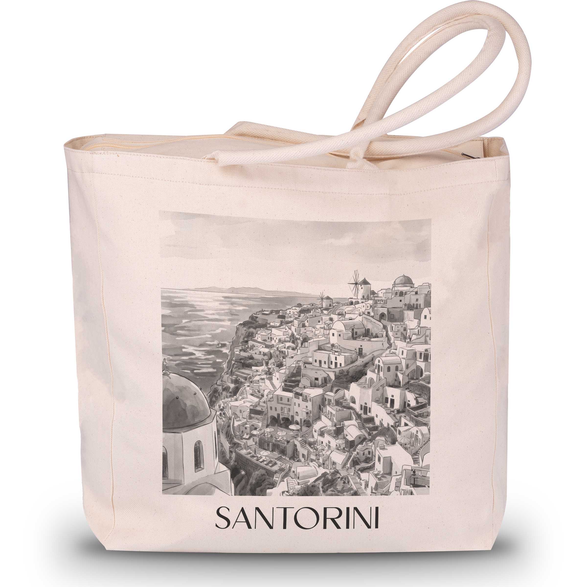 Santorin - Griechenland Tote Bag - Einkaufstasche im Aquarell Schwarz-Weiß Stil - favplace
