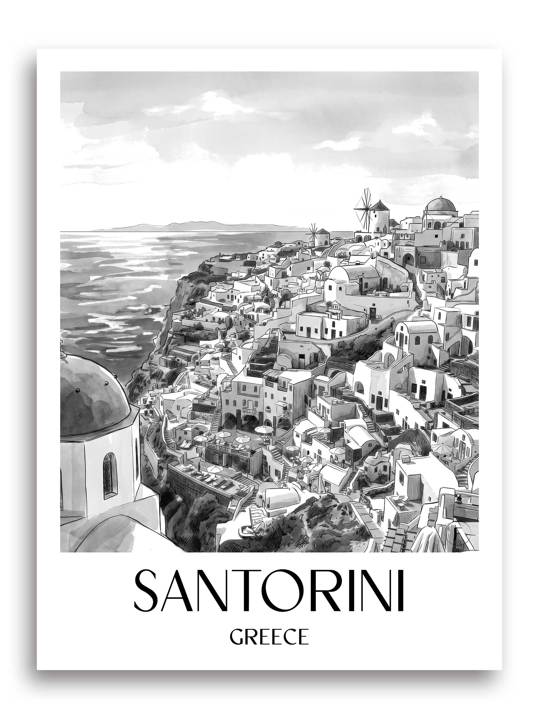 Santorin Poster - - Griechenland Kunstdruck - Aquarell Schwarz-Weiß von A4 bis A1 - favplace