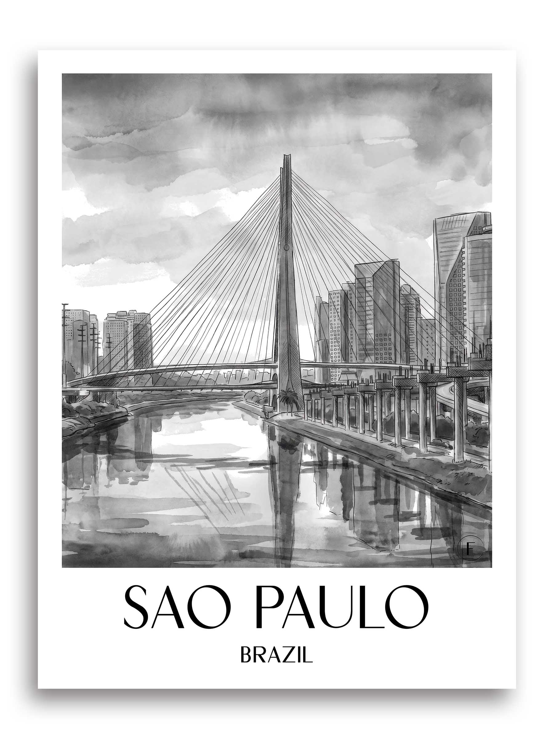 Sao Paulo Poster - - Brasilien Kunstdruck - Aquarell Schwarz-Weiß von A4 bis A1 - favplace