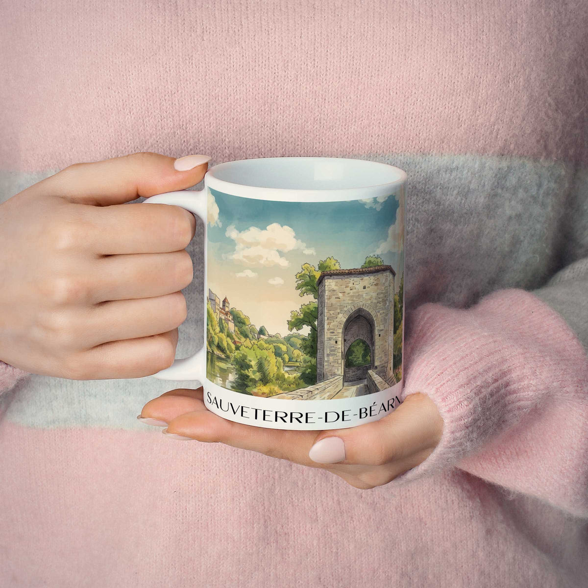 sauveterre-de-béarn-béarn-frankreich-kaffeebecher-aquarell