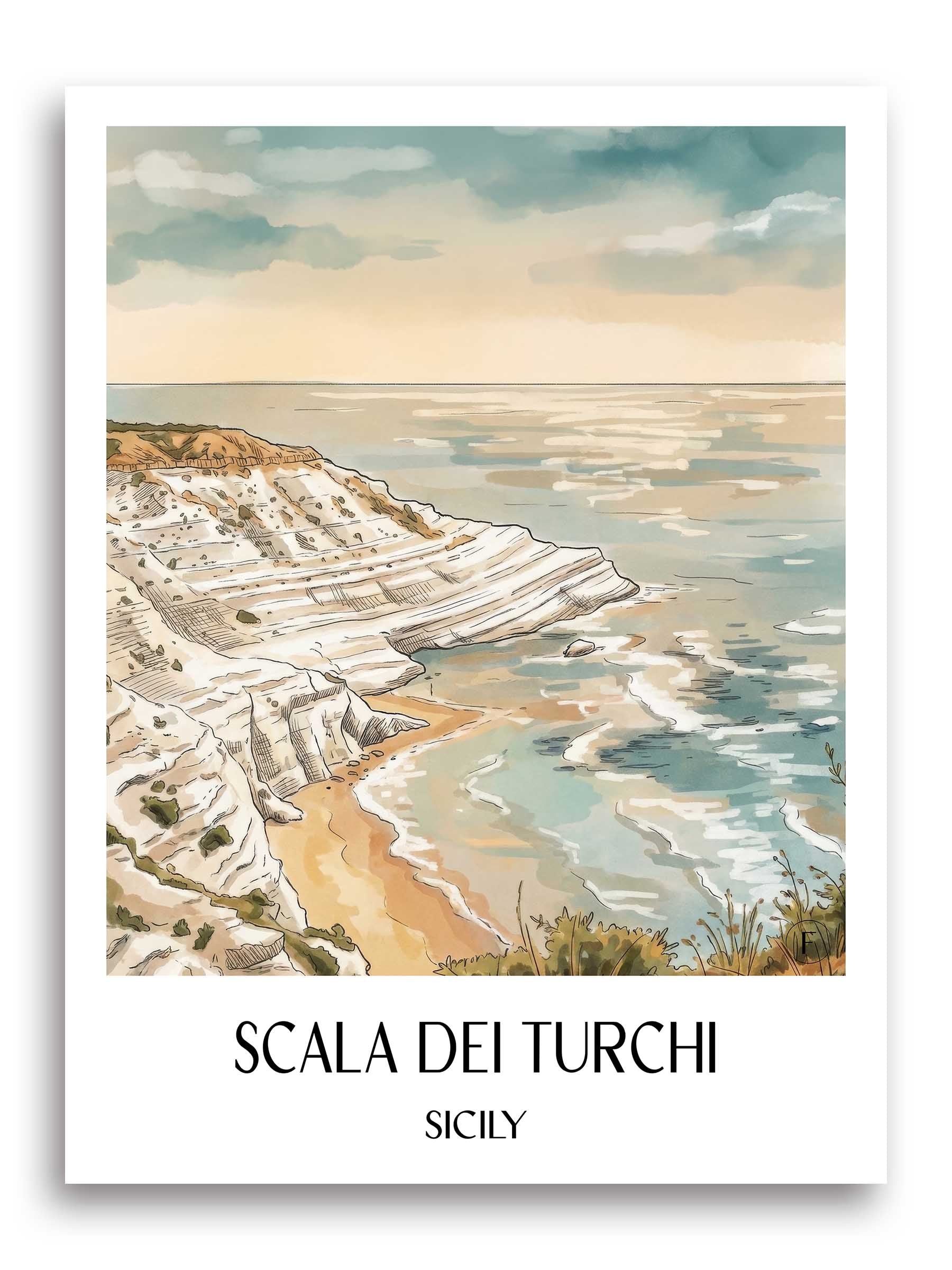 Scala dei Turchi Poster - Sizilien - Italien Kunstdruck - Aquarell von A4 bis A1 - favplace