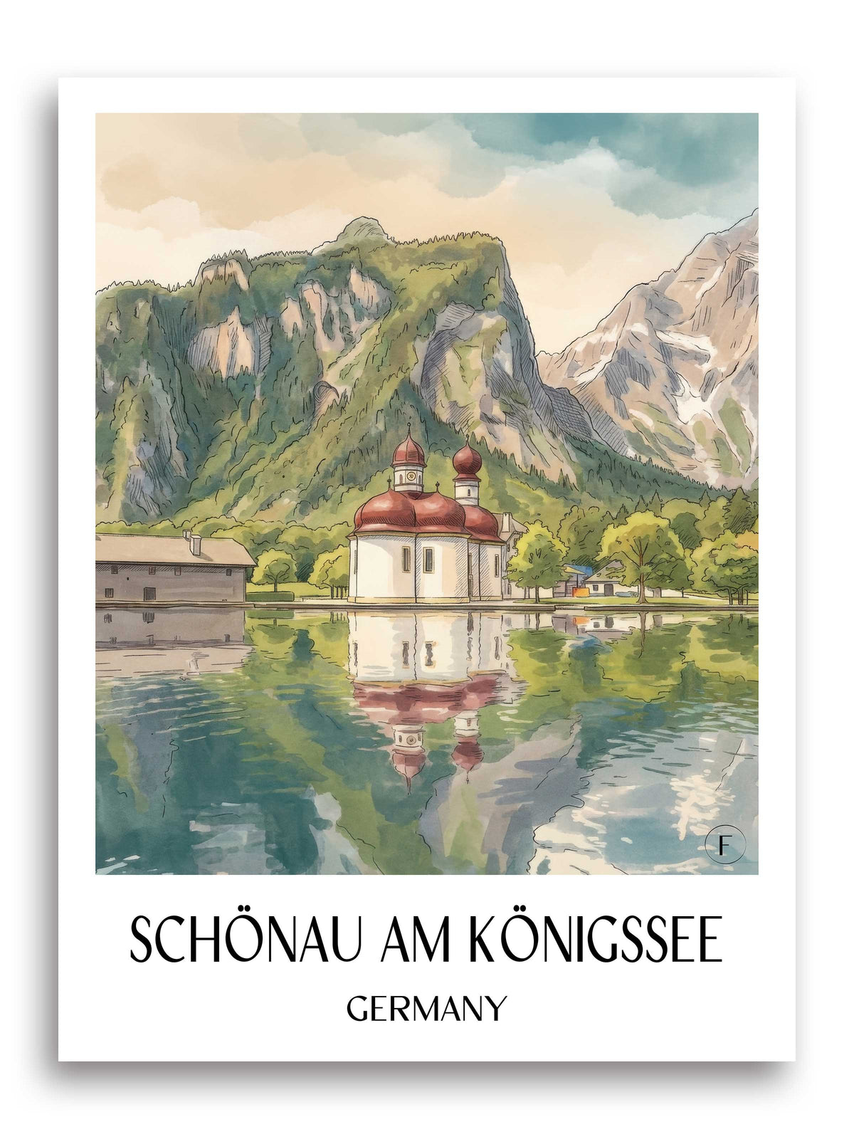 Schönau am Königssee Poster - Berchtesgadener Land - Deutschland Kunstdruck - Aquarell von A4 bis A1 - favplace