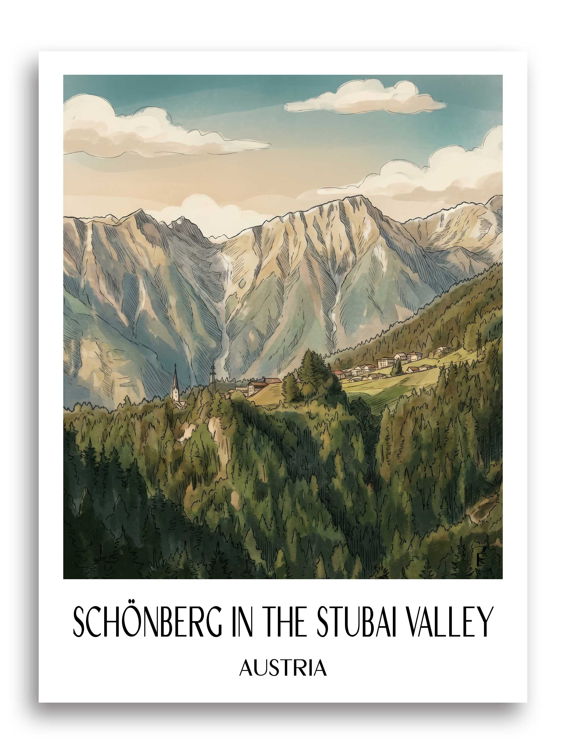 Schönberg im Stubaital Poster - Österreich - Österreich Kunstdruck - Aquarell von A4 bis A1 - favplace