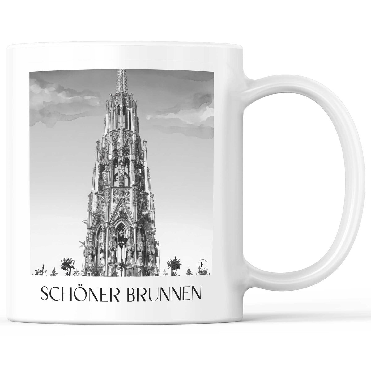 Schöner Brunnen Kaffeebecher - Nürnberg - Deutschland Becher - Kaffeetasse im Aquarell Schwarz-Weiß Stil - favplace
