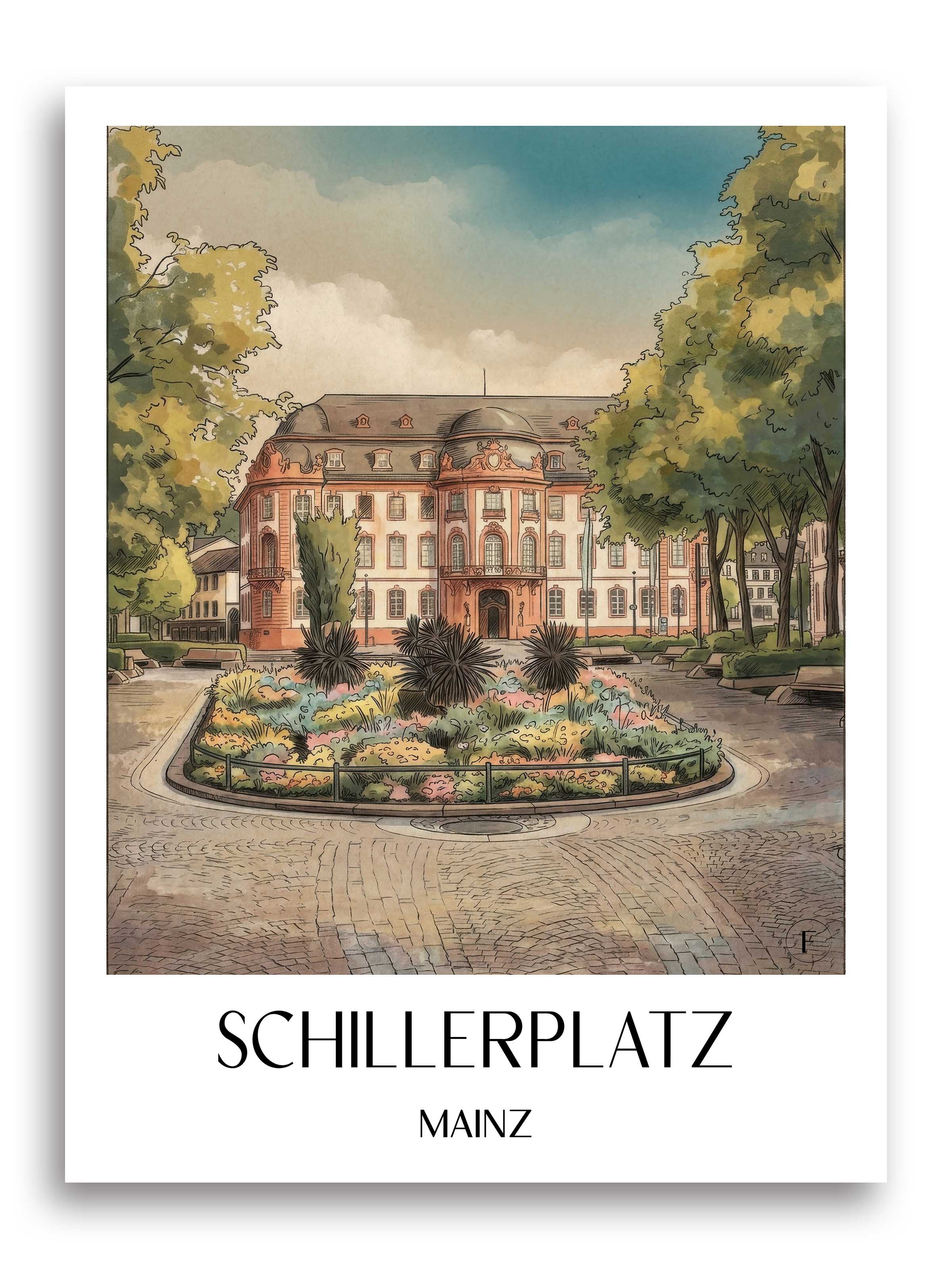 Schillerplatz Poster - Mainz - Deutschland Kunstdruck - Aquarell von A4 bis A1 - favplace