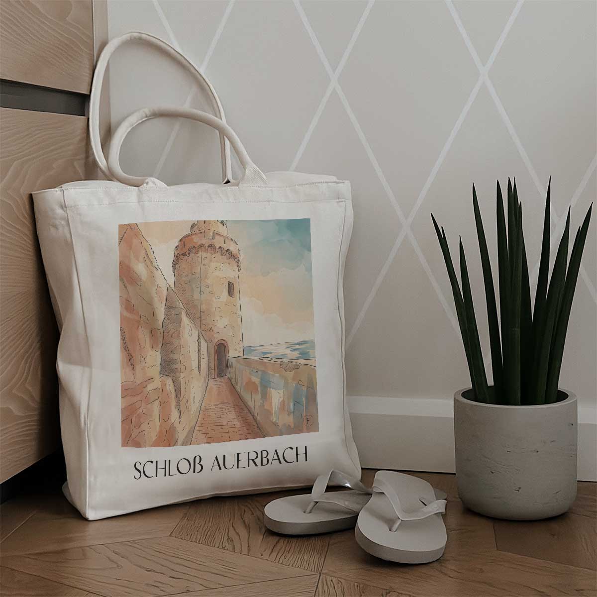 schloß-auerbach-bensheim-deutschland-einkaufstasche-aquarell