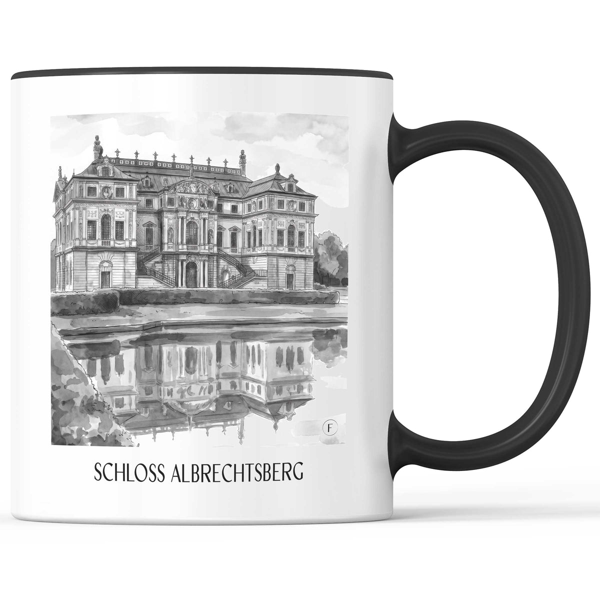 schloss-albrechtsberg-dresden-deutschland-kaffeebecher-aquarell-schwarz-weiss