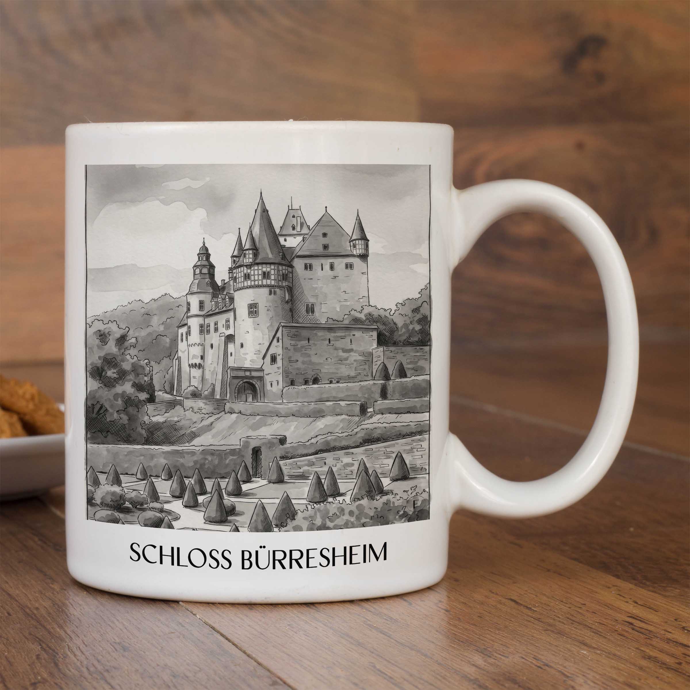 schloss-bürresheim-eifel-deutschland-kaffeebecher-aquarell-schwarz-weiss